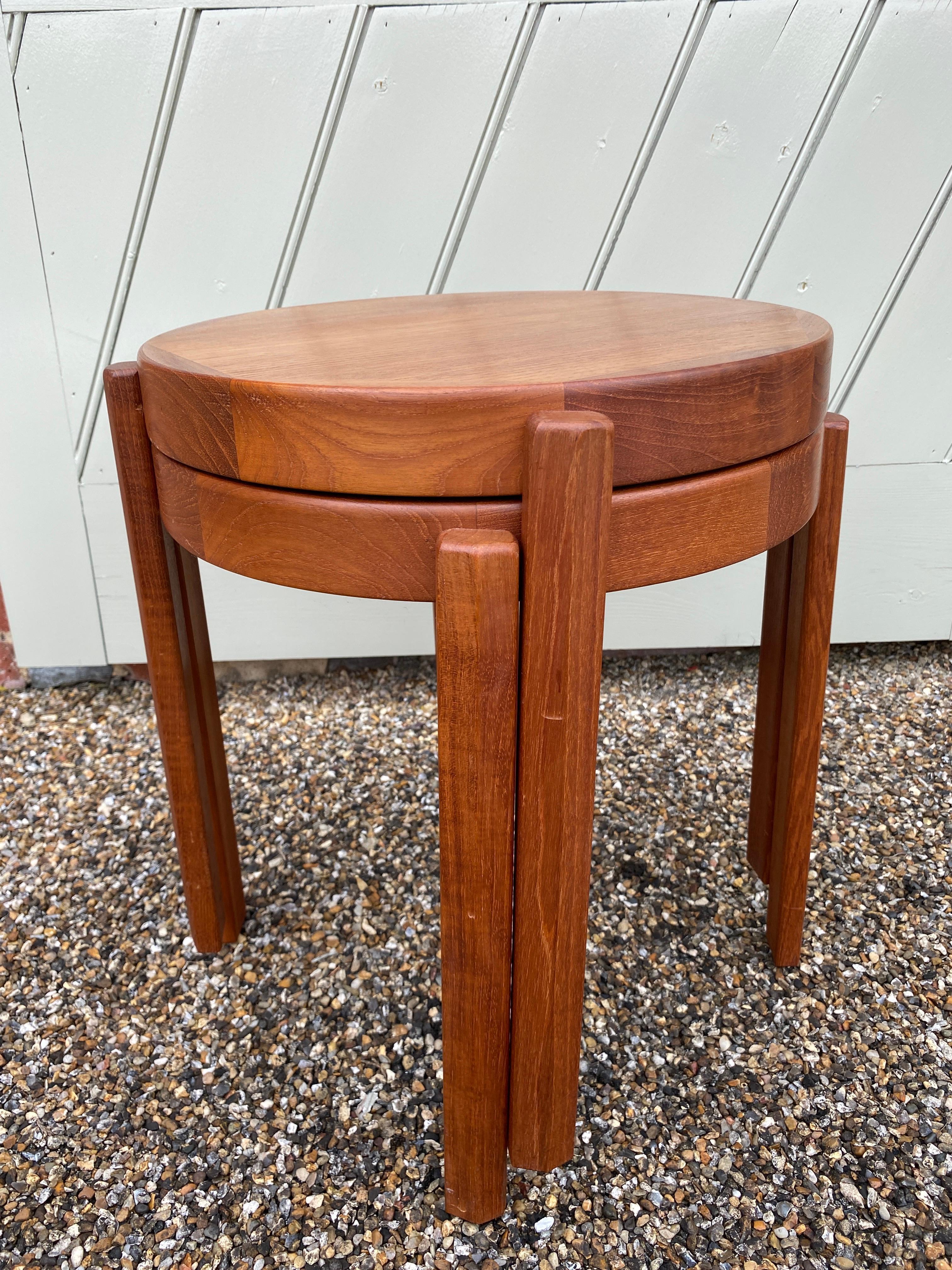 A pair of 1950's Danish teak occasional stacking tables by Møbelfabrikken Toften
The circular tops on four chamfered legs, 'MADE IN DENMARK BY MØBELFABRIKKEN TOFTEN', stencilled to both undersides, each 39cm diameter, 43cm high. (2)