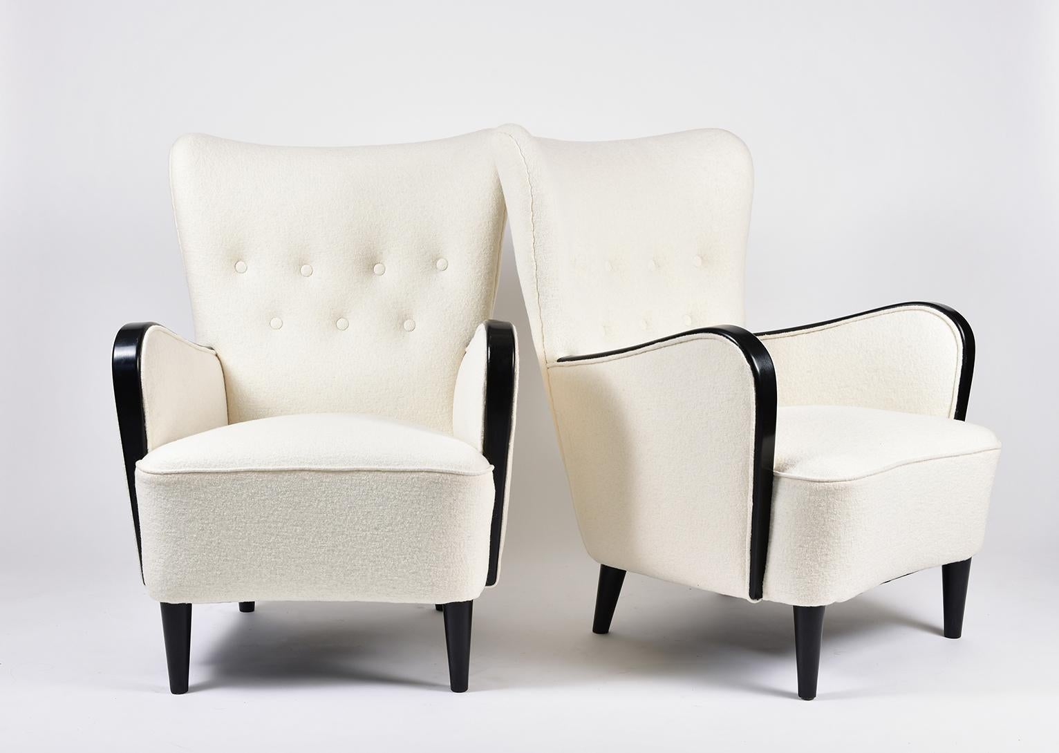 Mid-Century Modern Pair of 1950s Ebonised Boiled Wool Buttoned Armchairs