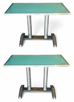A Pair of 1950s French glass topped aluminium sky blue console tables