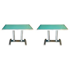 A Pair of 1950s French glass topped aluminium sky blue console tables