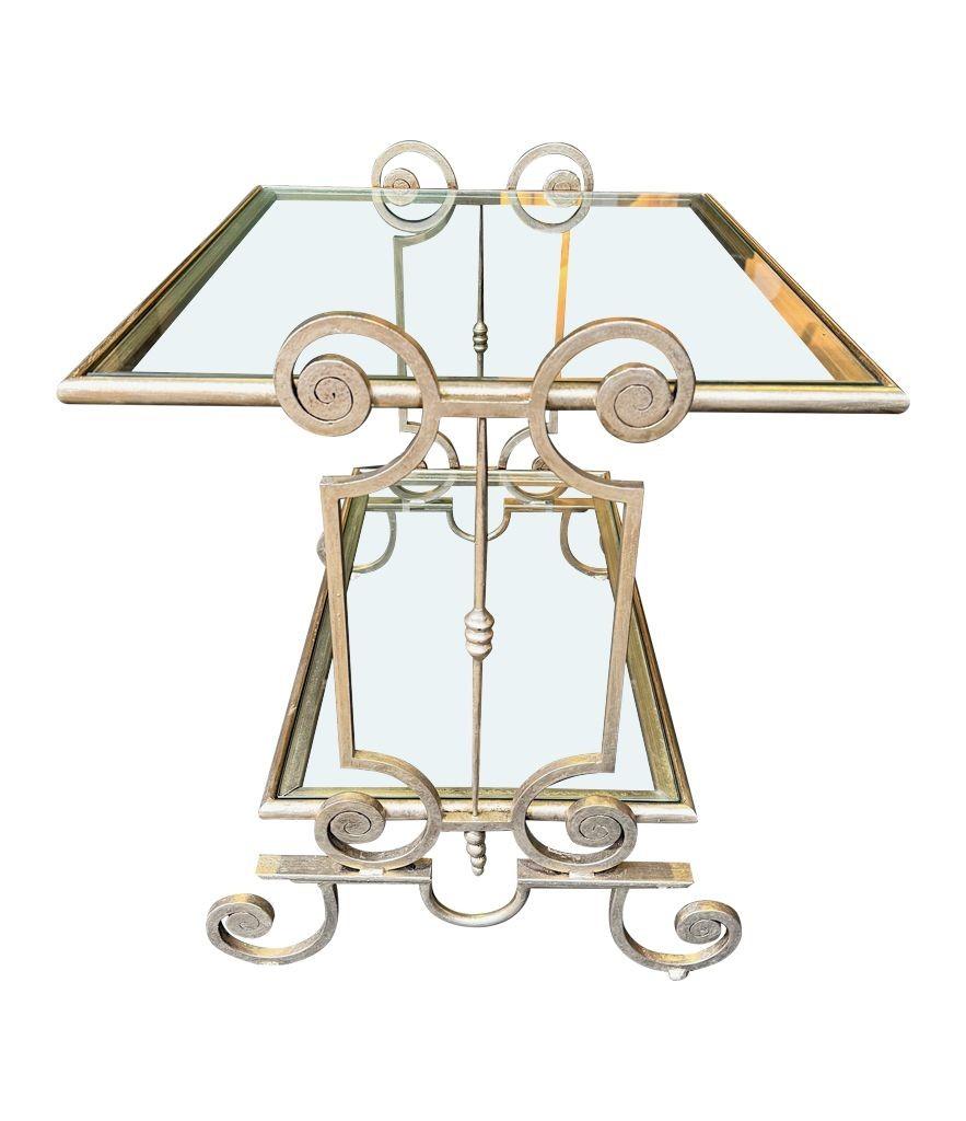 A pair of 1950s gilt wrought iron French side tables, with glass shelves For Sale 8