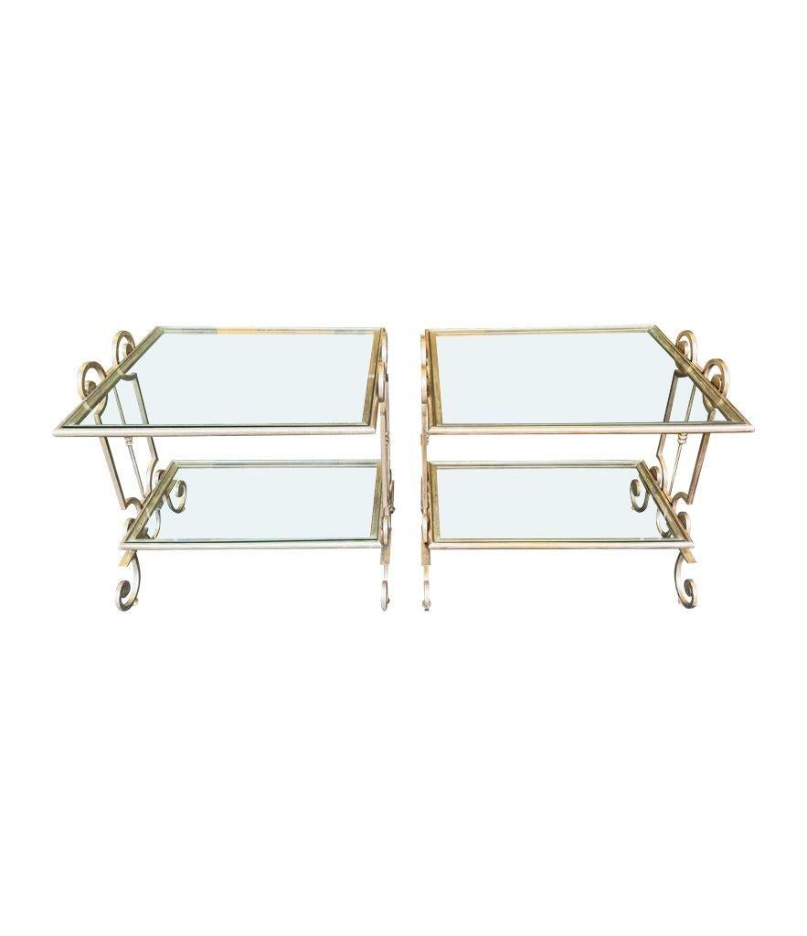 A pair of 1950s gilt wrought iron French side tables, with glass shelves For Sale 12