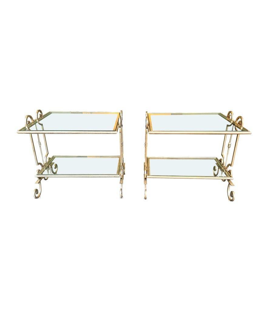 A pair of 1950s gilt wrought iron French side tables, with glass shelves For Sale 13