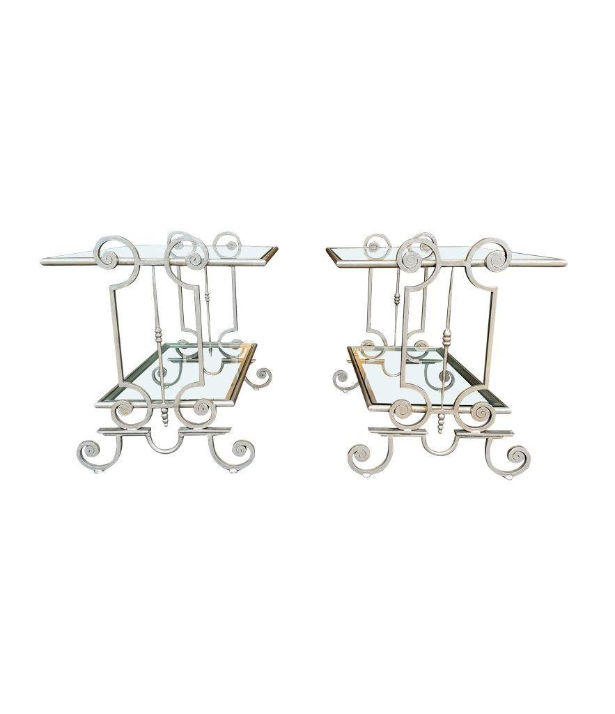 A pair of 1950s gilt wrought iron French side tables, with glass shelves For Sale 15