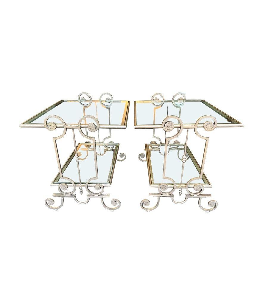 A pair of 1950s gilt wrought iron French side tables, with glass shelves In Good Condition For Sale In London, GB