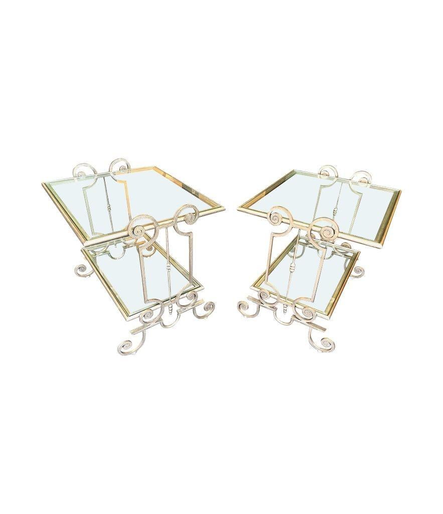A pair of 1950s gilt wrought iron French side tables, with glass shelves For Sale 3