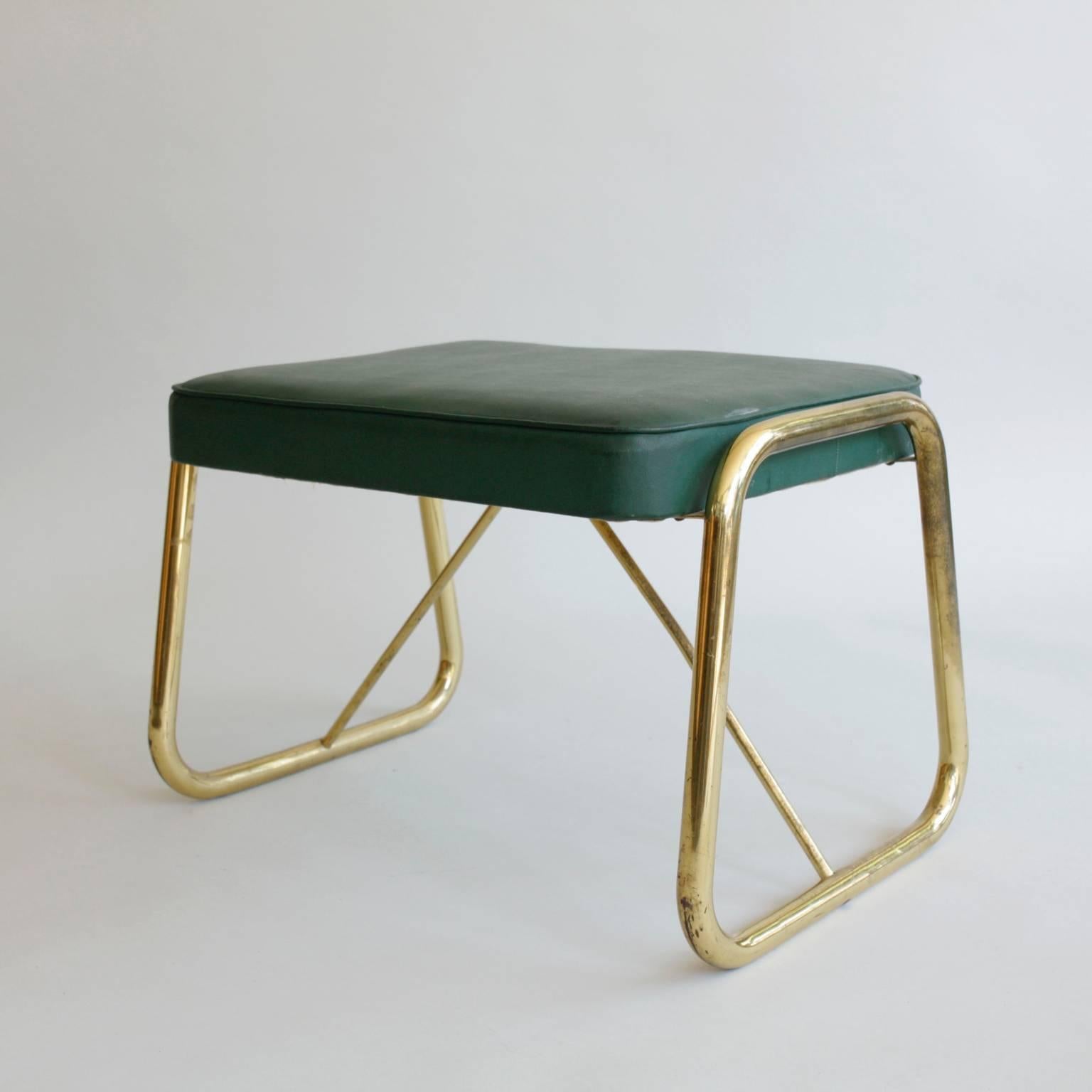 A pair of unusual brass Italian stools with the original green upholstery. Left as found but could be polished and recovered if required.