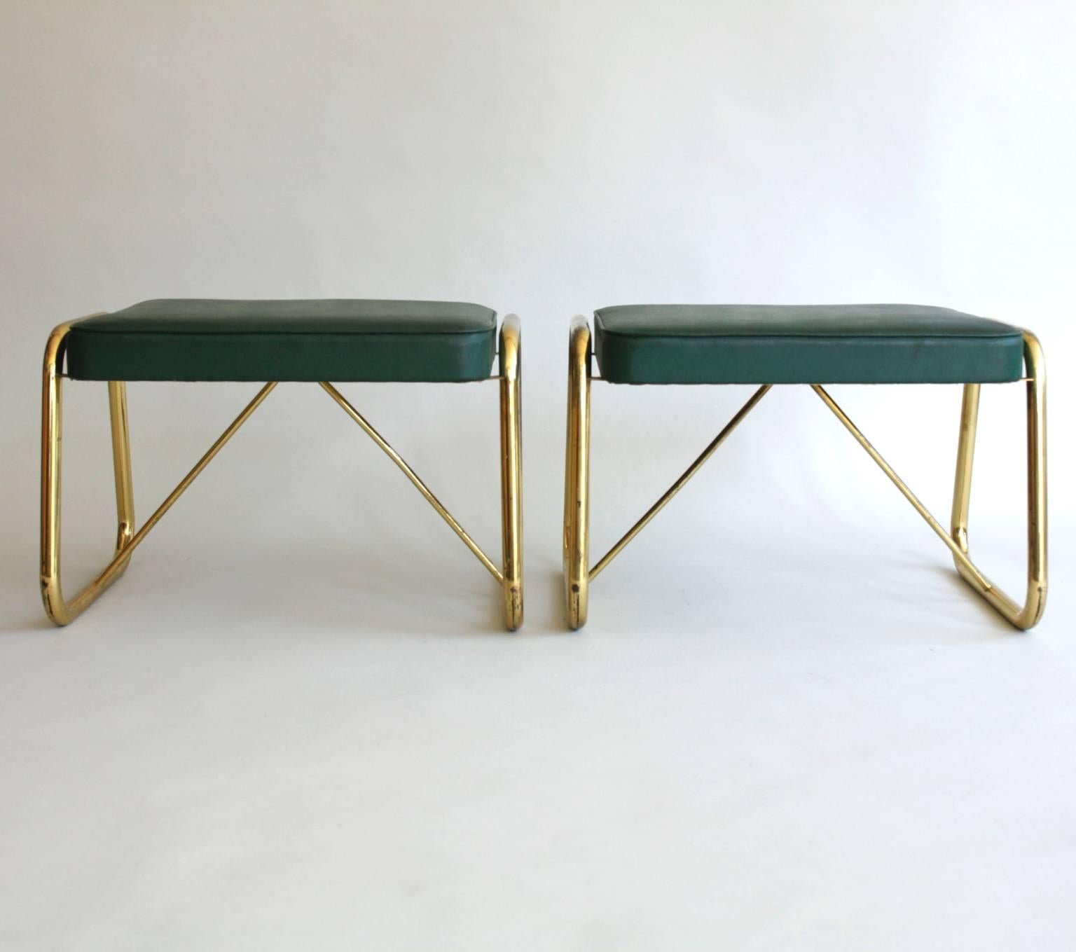 Mid-Century Modern Pair of 1950s Italian Footstools or Ottomans, Brass and Green
