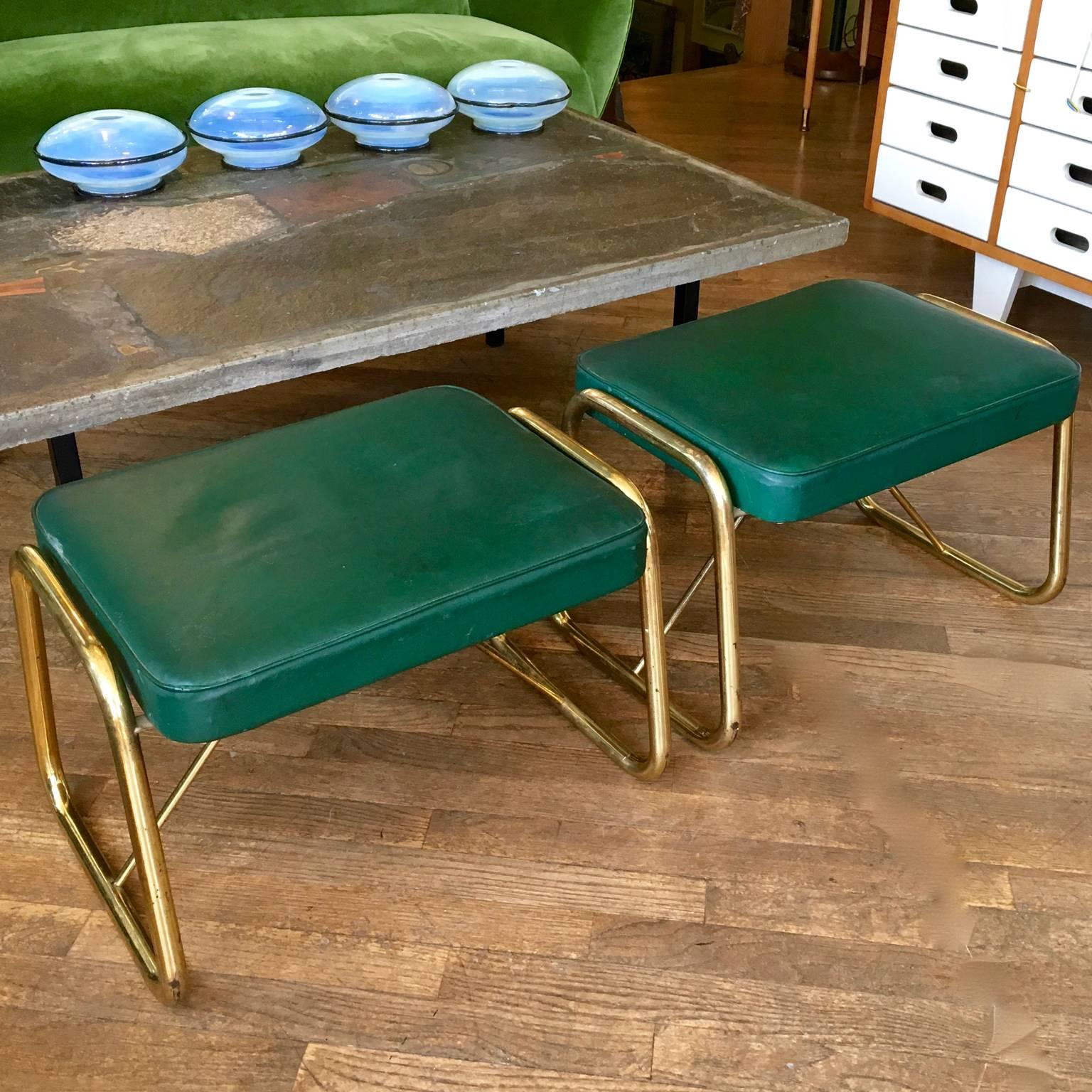 Pair of 1950s Italian Footstools or Ottomans, Brass and Green In Good Condition In London, GB