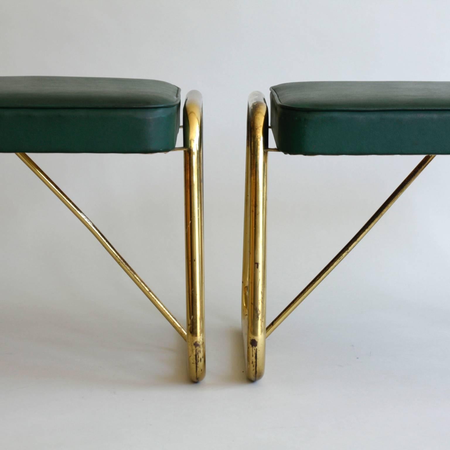 20th Century Pair of 1950s Italian Footstools or Ottomans, Brass and Green