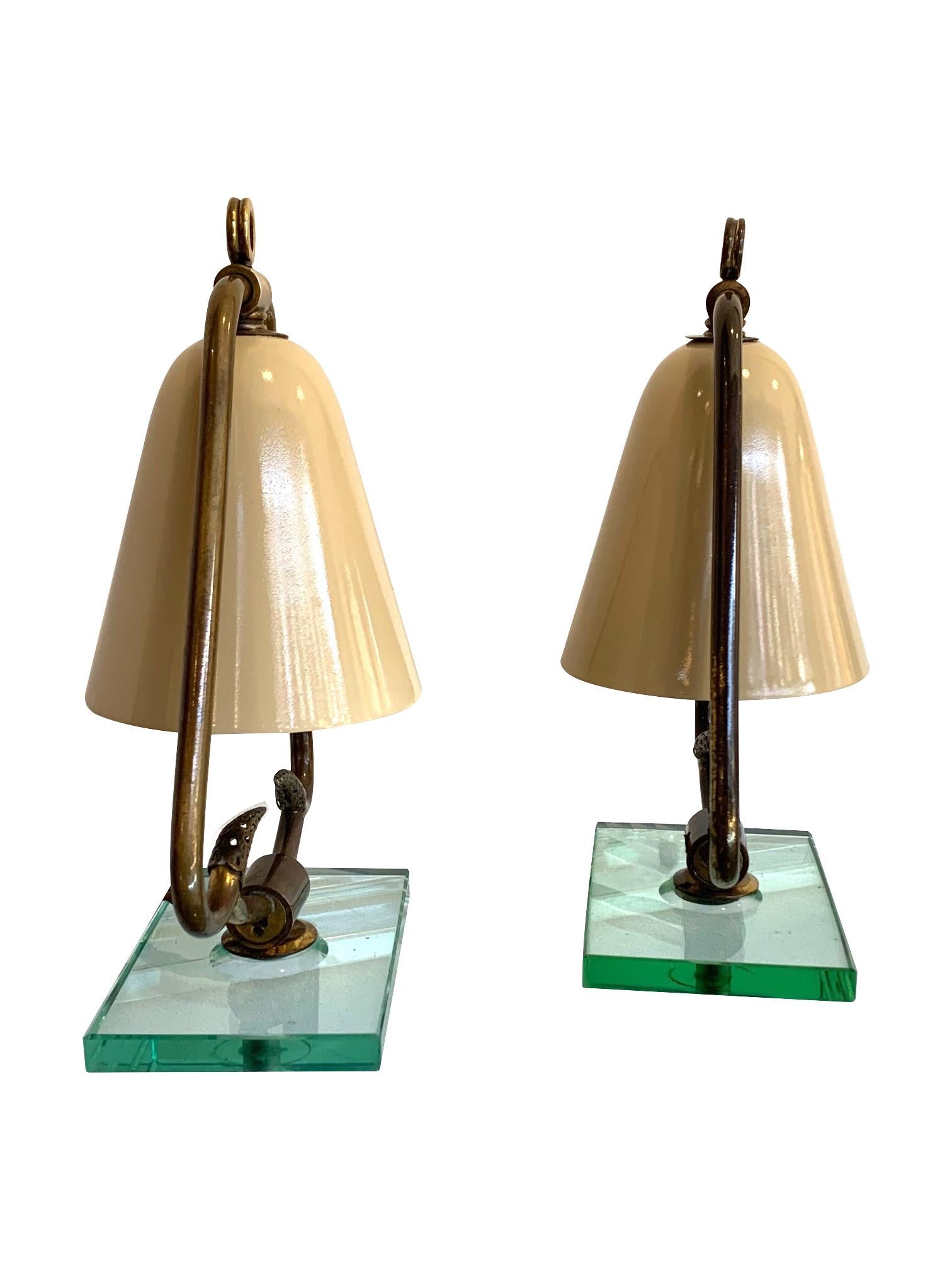 Pair of 1950s Italian Lamps with Enamel Shades on Brass Frame Mounted on Glass 4