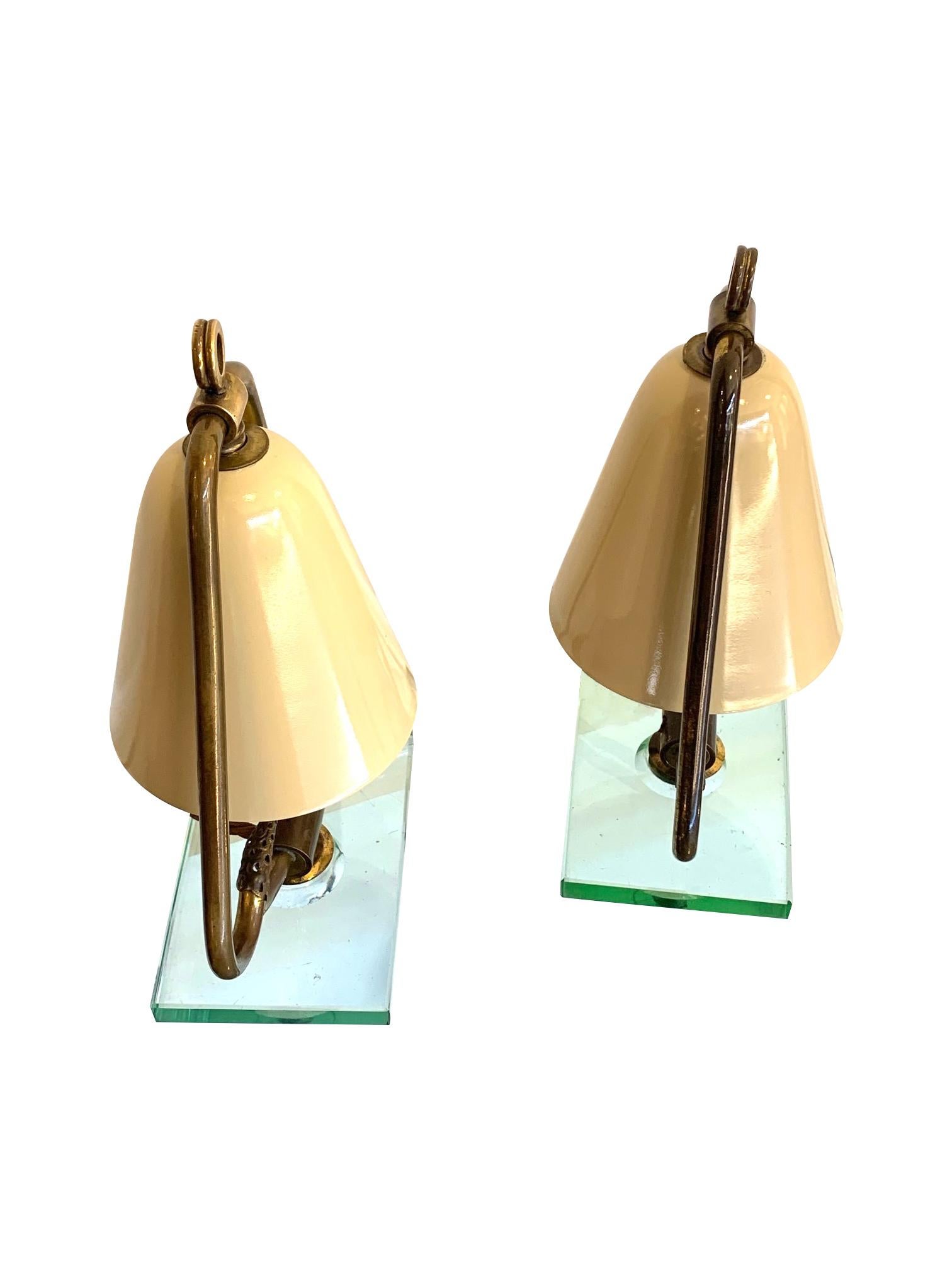 Pair of 1950s Italian Lamps with Enamel Shades on Brass Frame Mounted on Glass 5