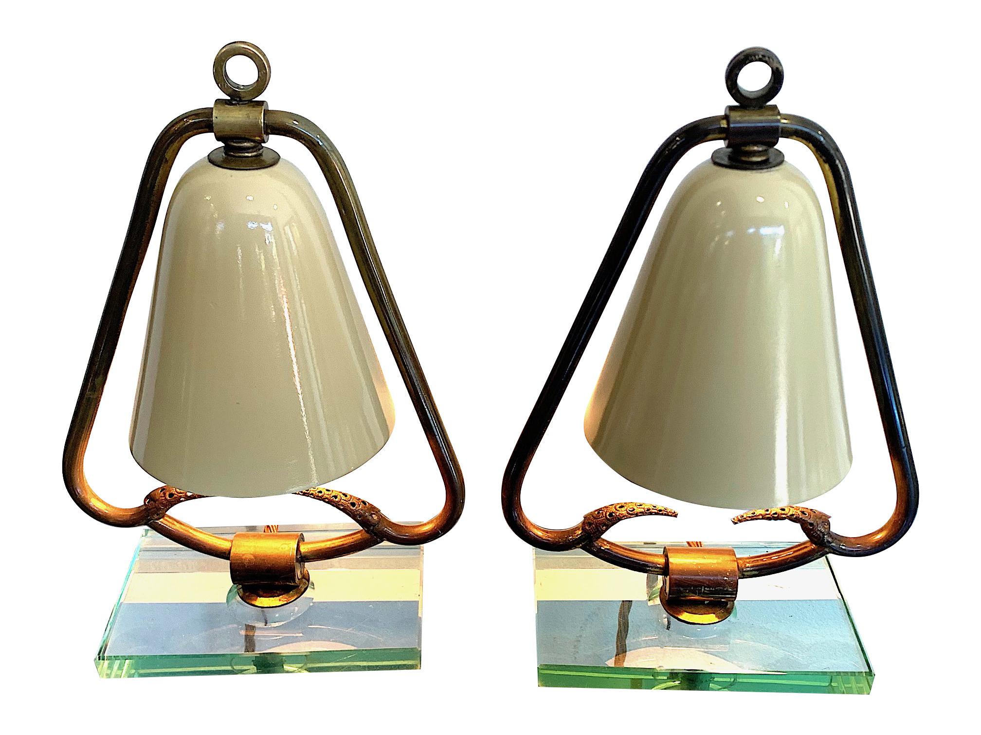 Mid-Century Modern Pair of 1950s Italian Lamps with Enamel Shades on Brass Frame Mounted on Glass