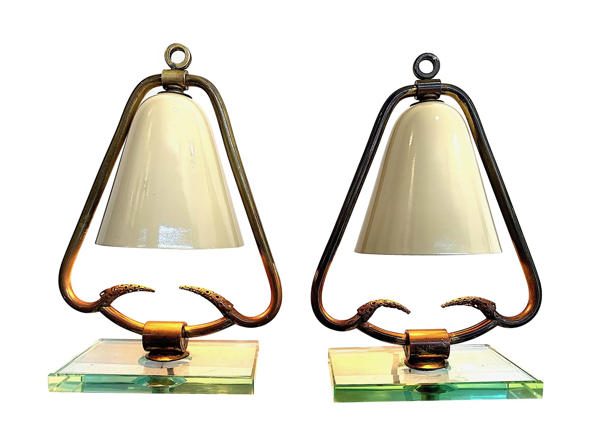 Enameled Pair of 1950s Italian Lamps with Enamel Shades on Brass Frame Mounted on Glass