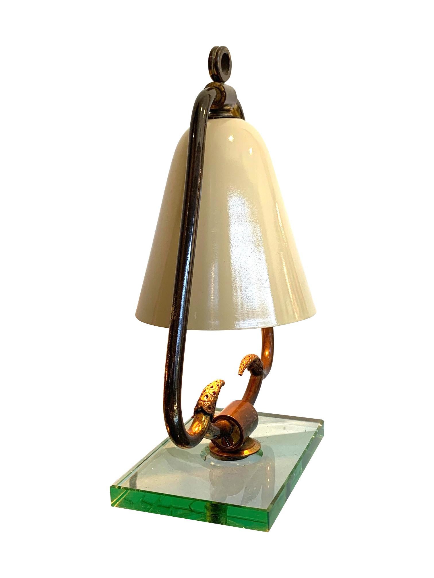 Pair of 1950s Italian Lamps with Enamel Shades on Brass Frame Mounted on Glass In Good Condition In London, GB