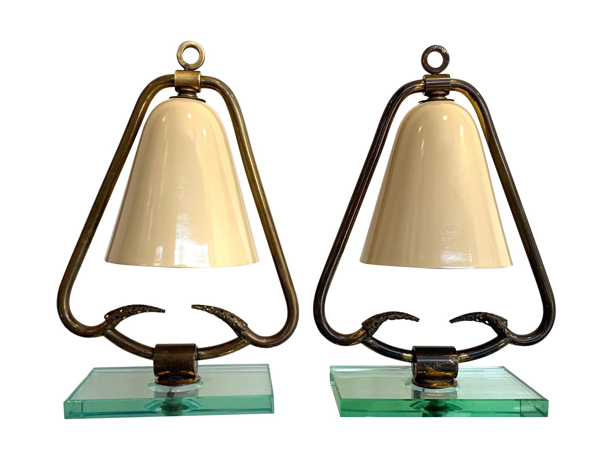 Metal Pair of 1950s Italian Lamps with Enamel Shades on Brass Frame Mounted on Glass