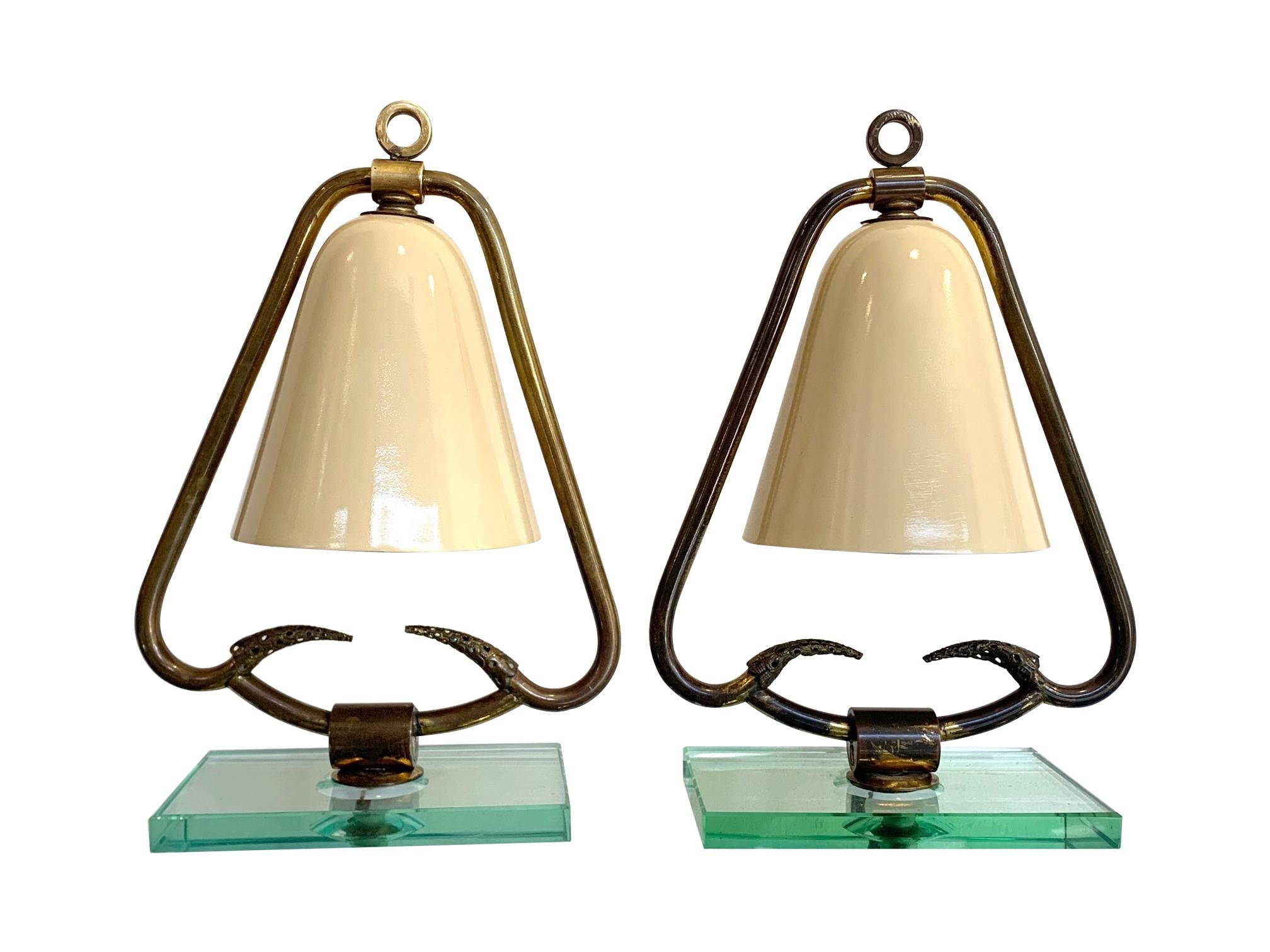 Pair of 1950s Italian Lamps with Enamel Shades on Brass Frame Mounted on Glass 1