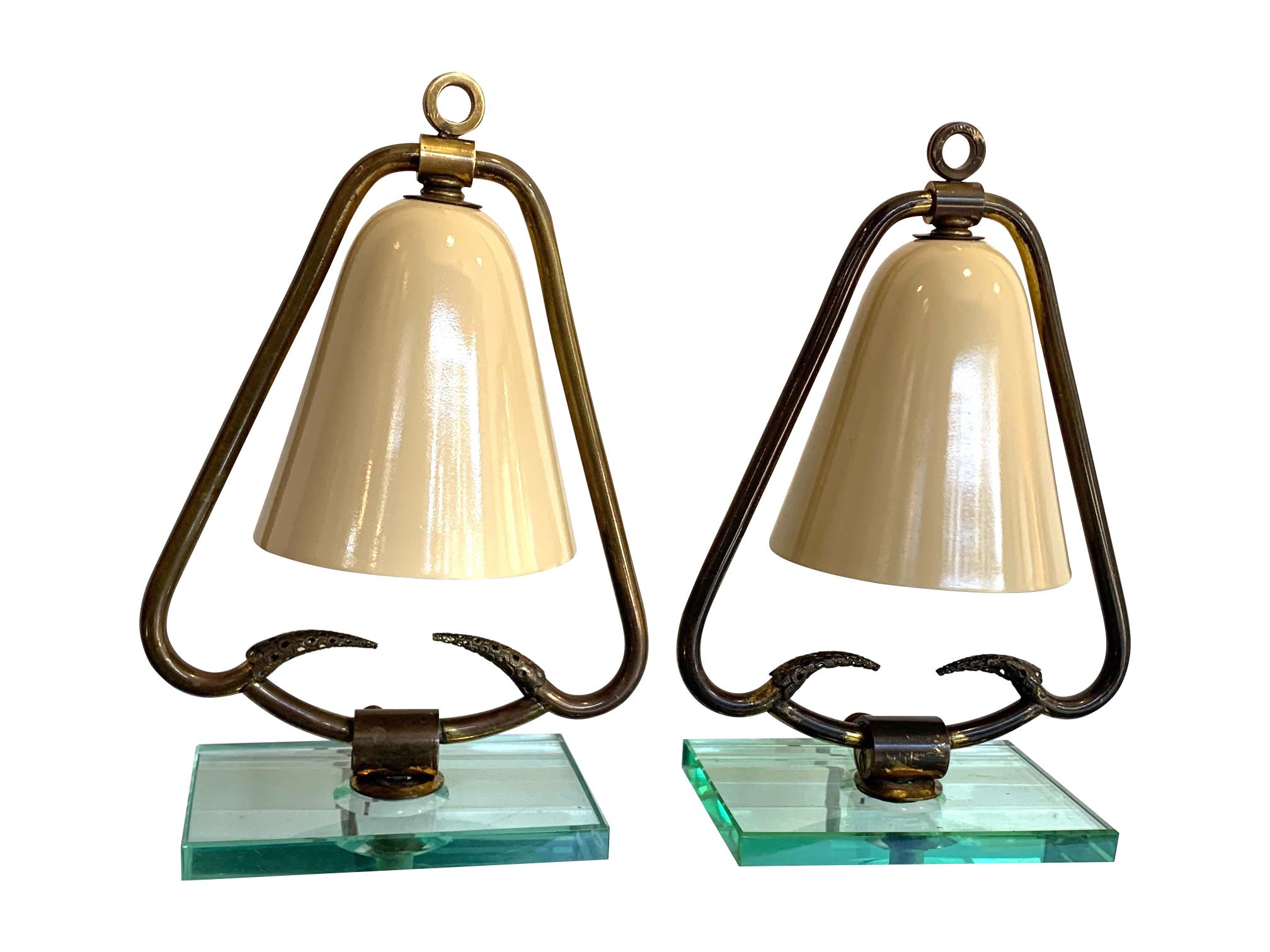 Pair of 1950s Italian Lamps with Enamel Shades on Brass Frame Mounted on Glass 2