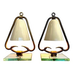 Pair of 1950s Italian Lamps with Enamel Shades on Brass Frame Mounted on Glass