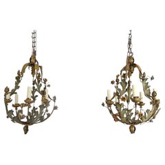 A Pair of 1950's Italian Polychrome Tole Basket Chandeliers