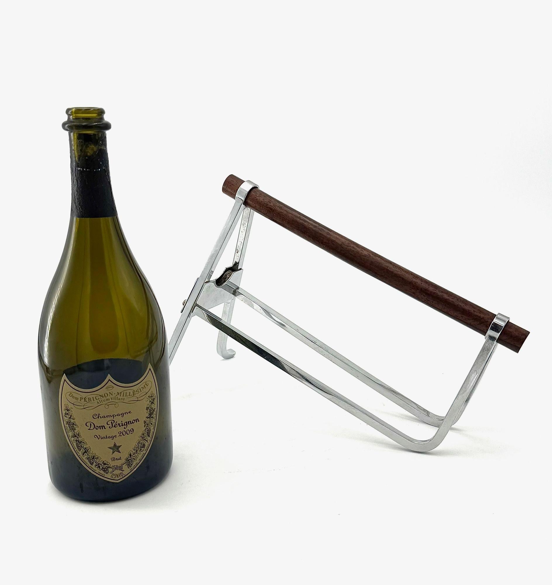 A pair of 1950s Jaques Adnet chrome and walnut bottle holders for Christolfe For Sale 5