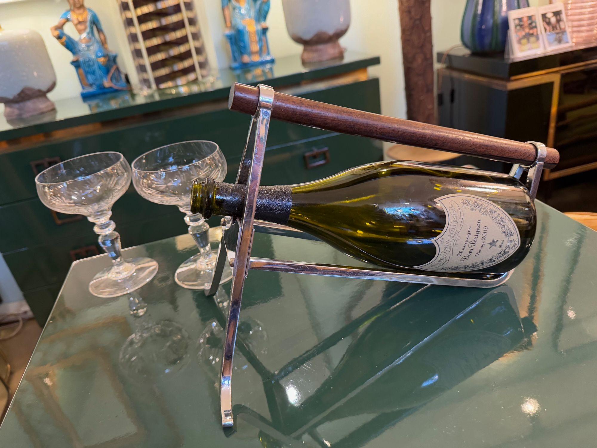 A pair of 1950s Jaques Adnet chrome and walnut bottle holders for Christolfe For Sale 6