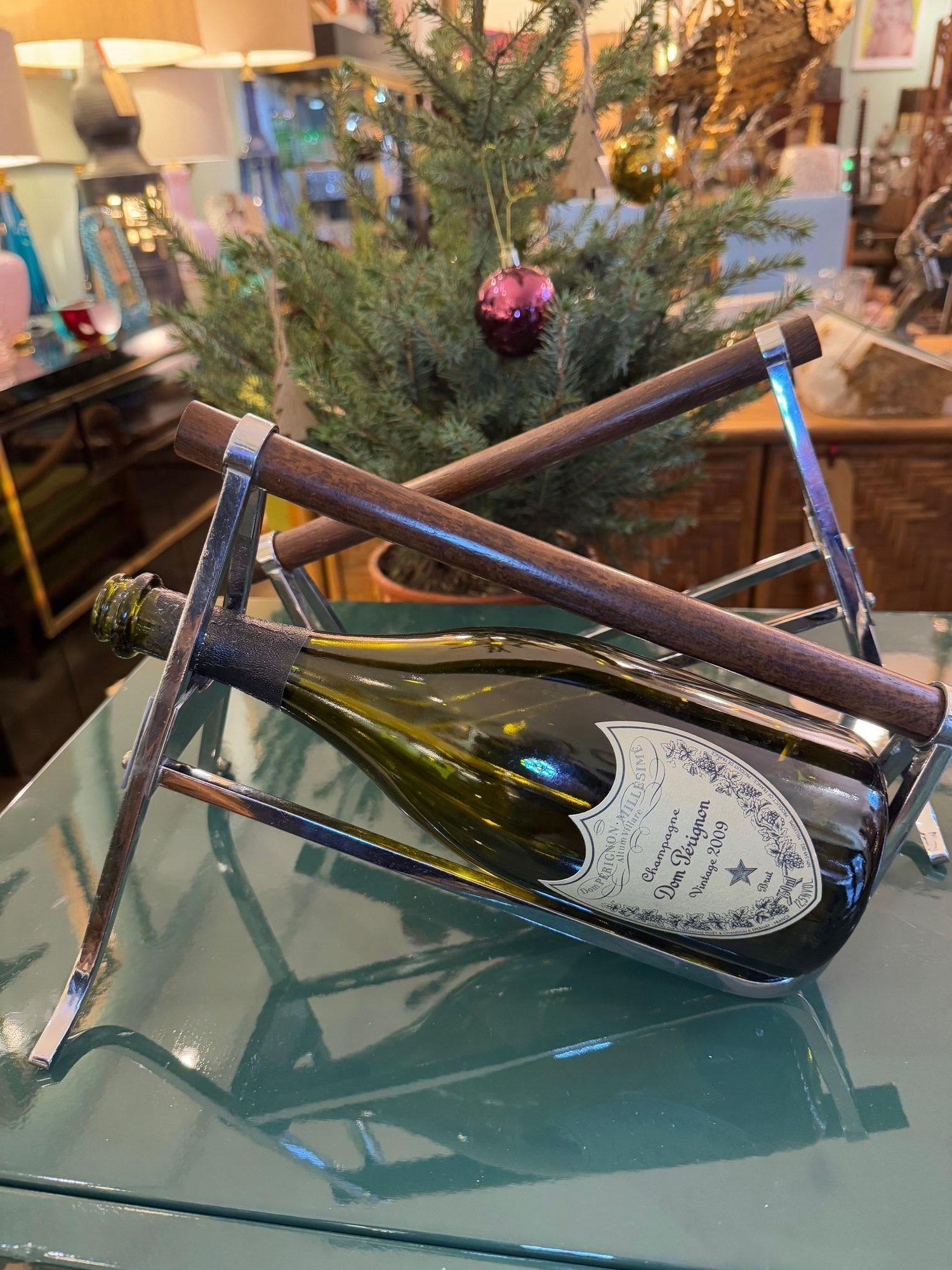 A pair of 1950s Jaques Adnet chrome and walnut bottle holders for Christolfe For Sale 8