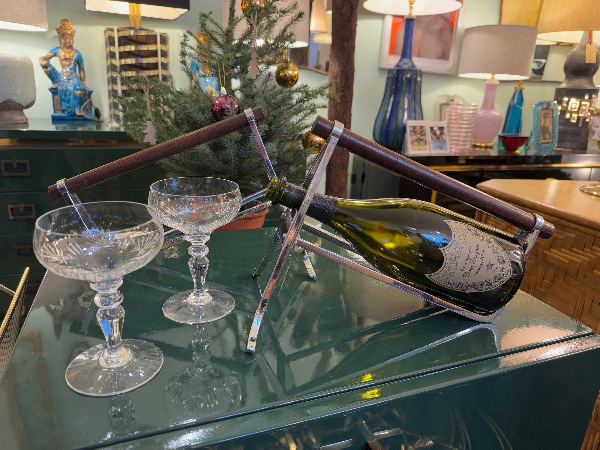 A pair of 1950s Jaques Adnet chrome and walnut bottle holders for Christolfe For Sale 3