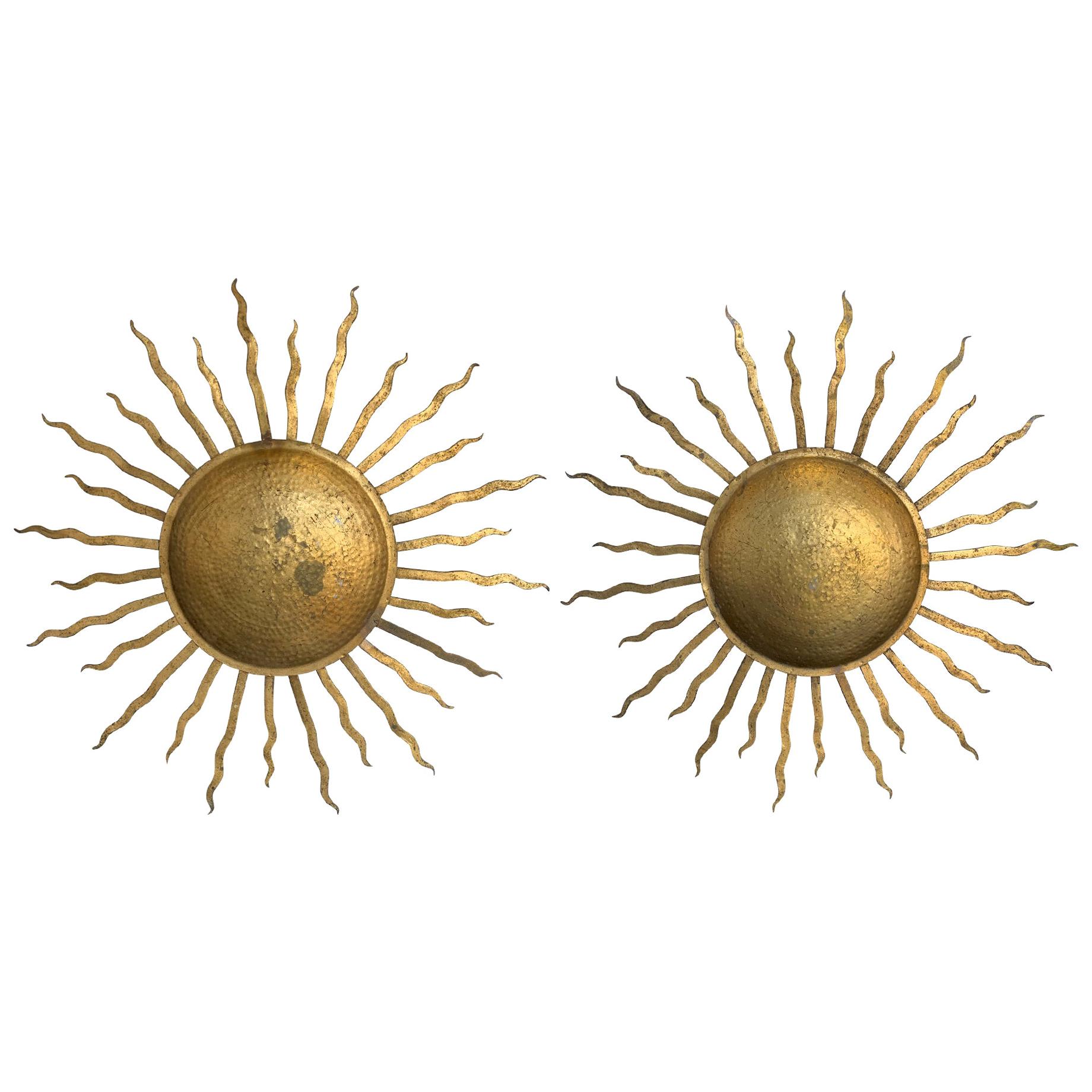 Pair of 1950s Large Wrought Iron Gilt Spanish Sunbursts Wall Sculptures