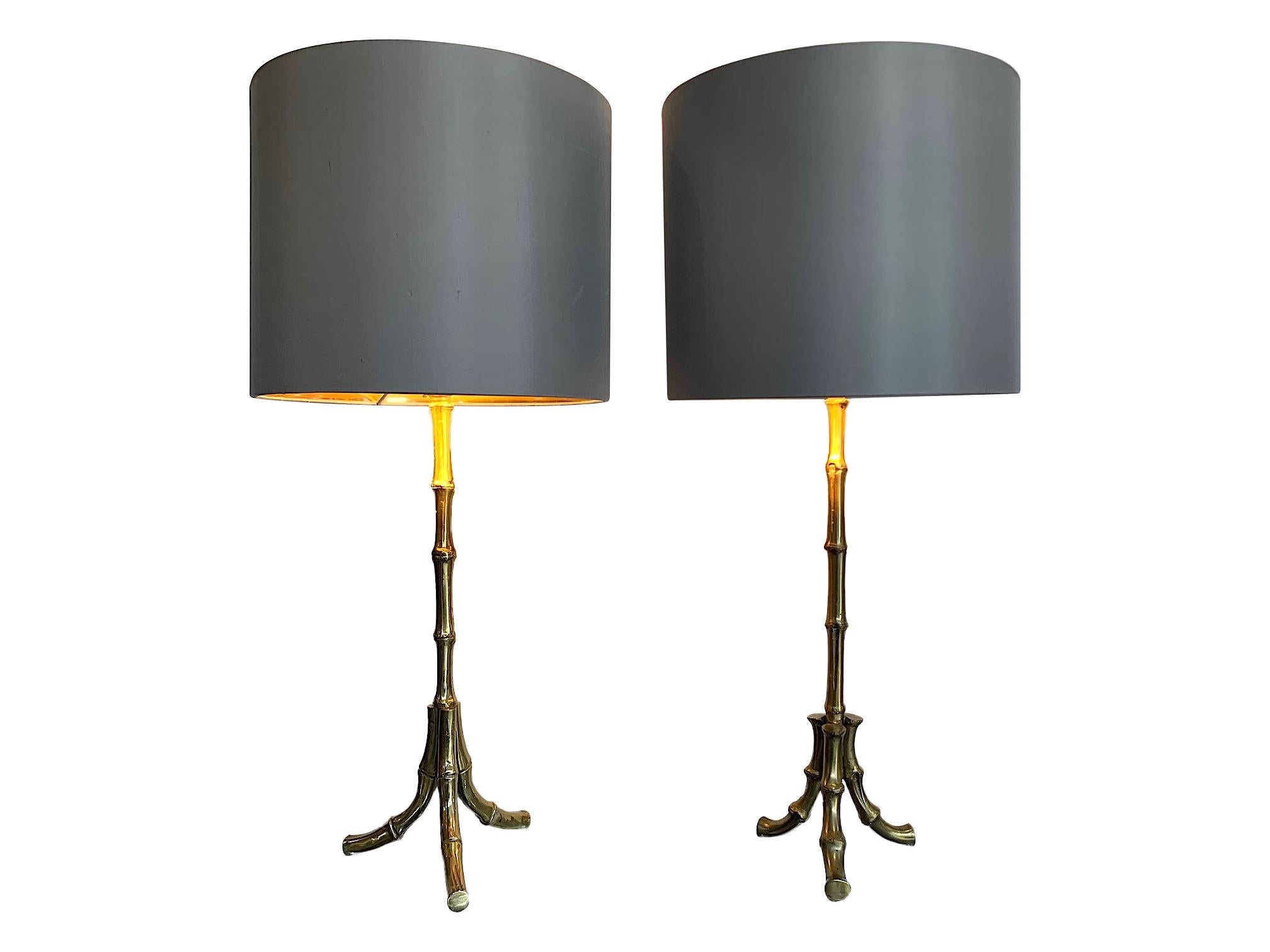 Mid-20th Century Pair of 1950s Maison Baguès Brass Faux Bamboo Lamps with New Bespoke Shades