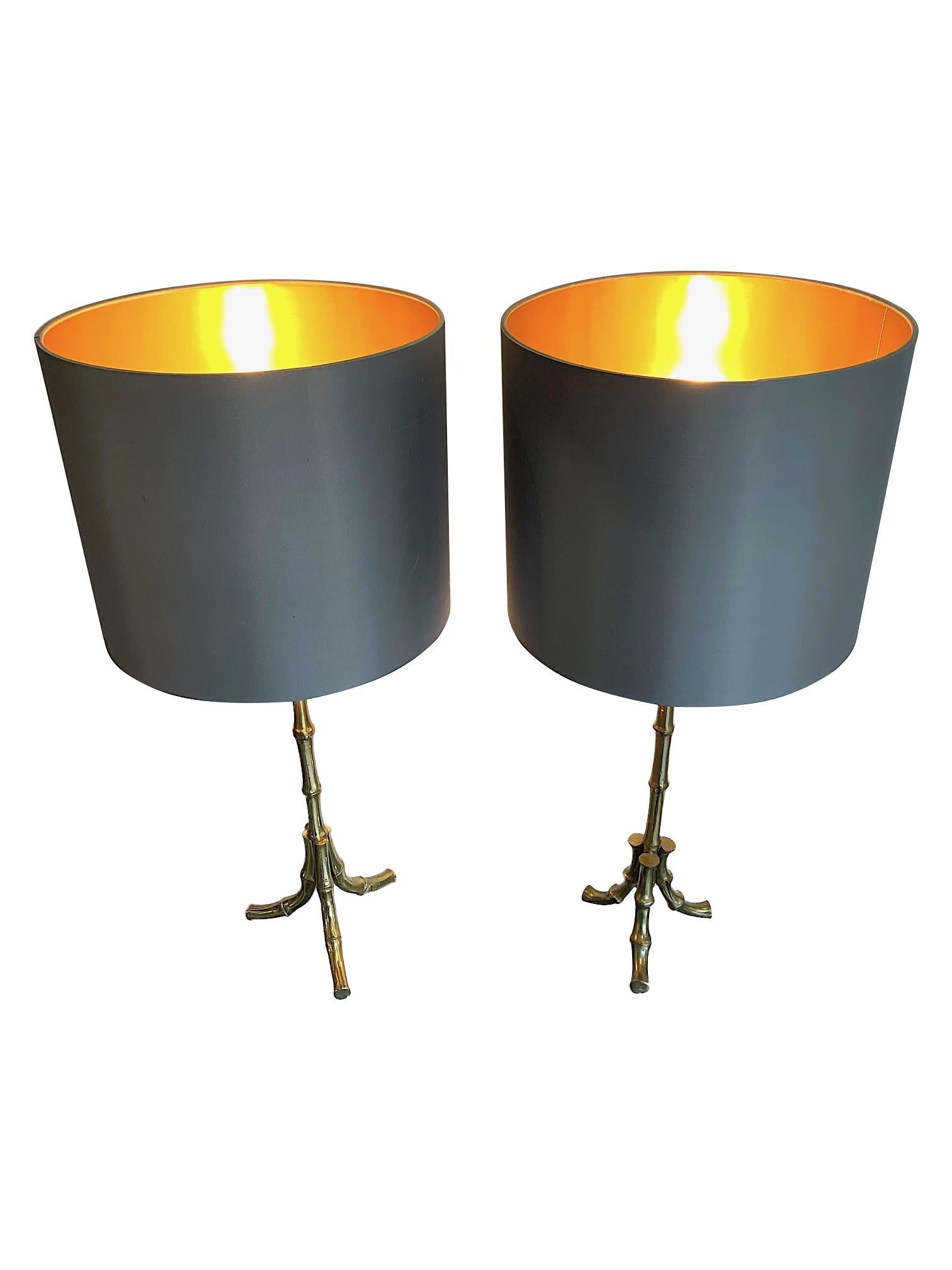 Pair of 1950s Maison Baguès Brass Faux Bamboo Lamps with New Bespoke Shades 3