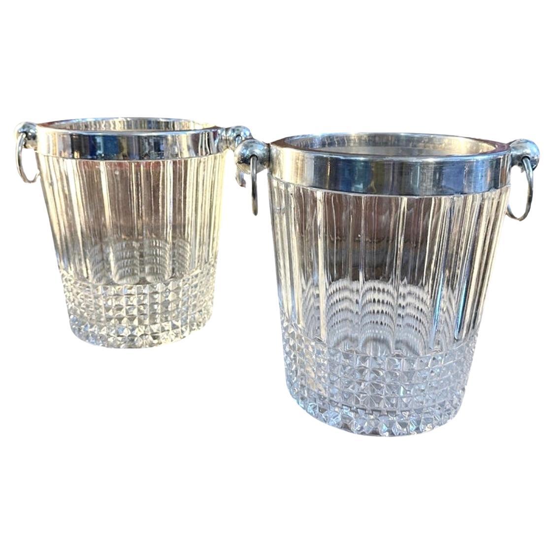 A pair of 1950s Modernist Crystal and Silver Plate French Wine Coolers For Sale
