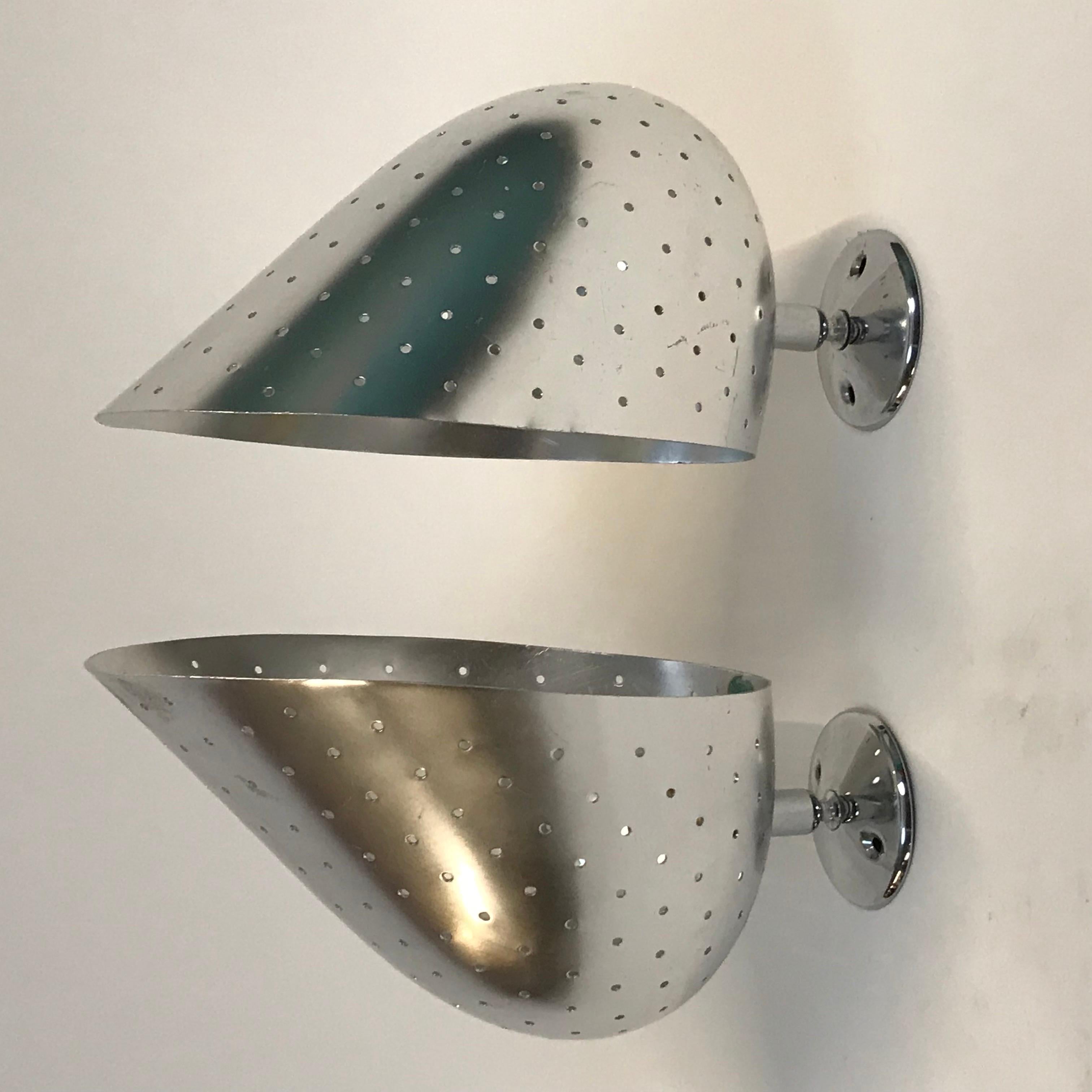 Modern Pair of 1950’s Perforated Spun Aluminium English Sconces by Courtney Pope