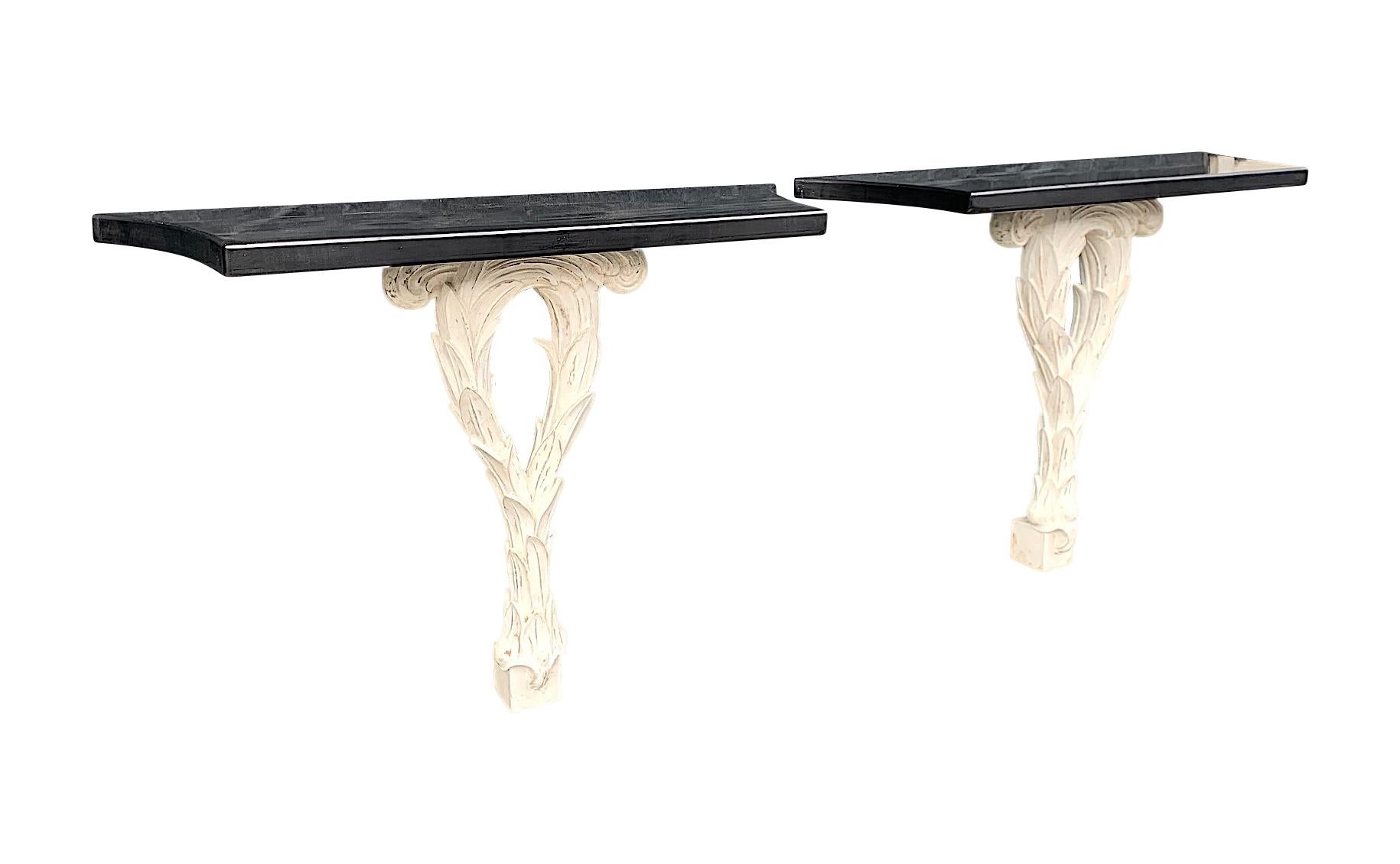 Pair of 1950s Serge Roche Style Carved Wood and Lacquered Palm Console Tables 1