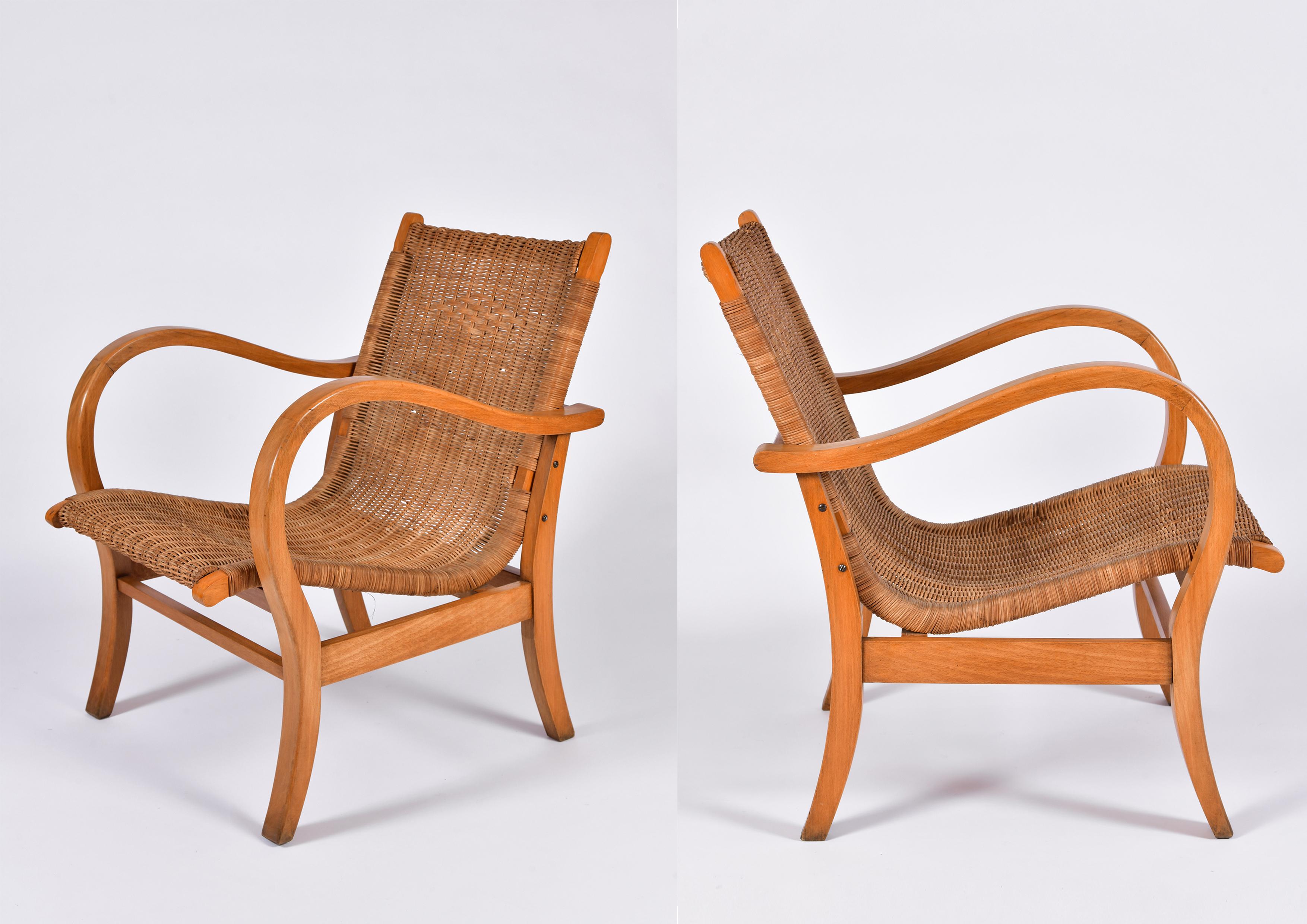 Mid-Century Modern Pair of 1950s Wicker and Beechwood Armchairs