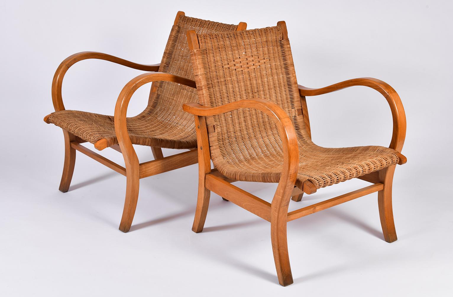 French Pair of 1950s Wicker and Beechwood Armchairs