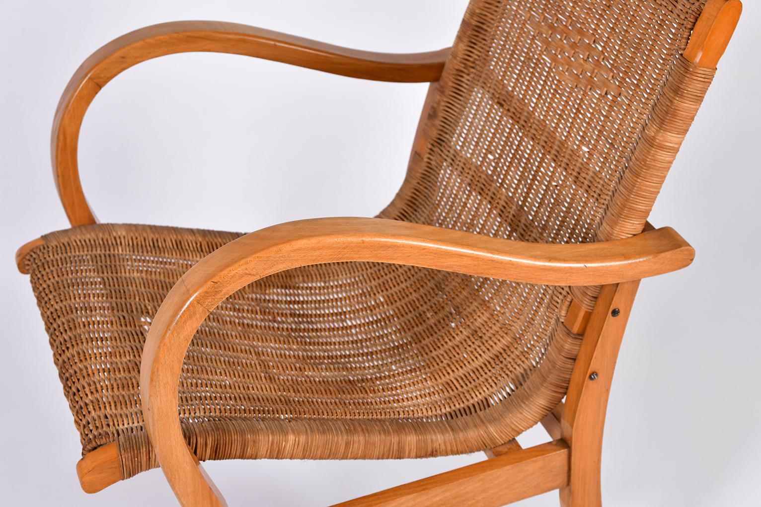 Pair of 1950s Wicker and Beechwood Armchairs 1
