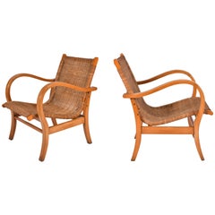 Pair of 1950s Wicker and Beechwood Armchairs