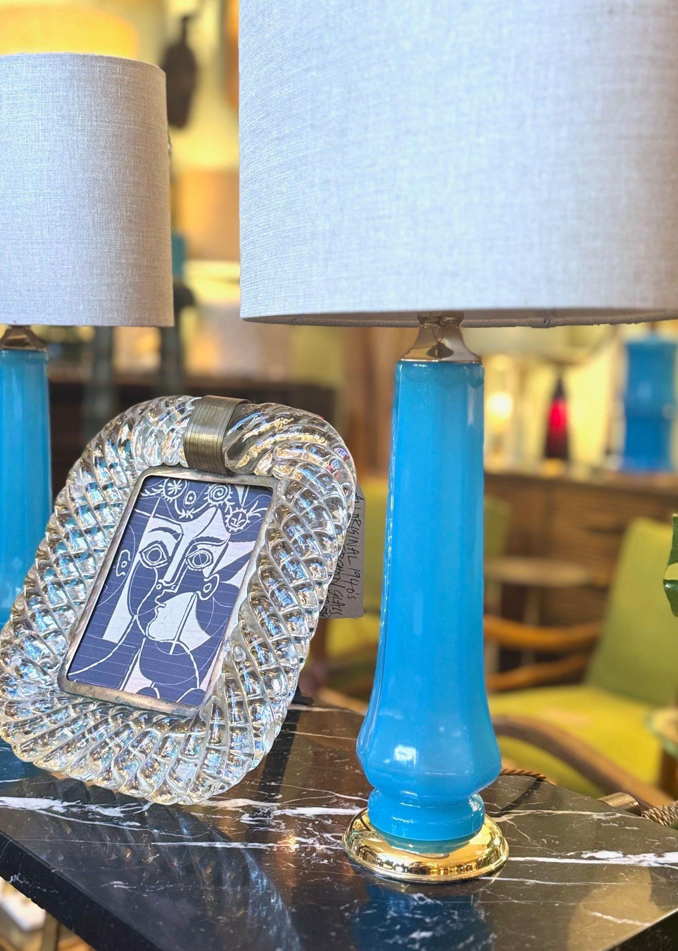 Brass A pair of 1960s blue Murano opaline glass lamps by Giovanni Cenedese