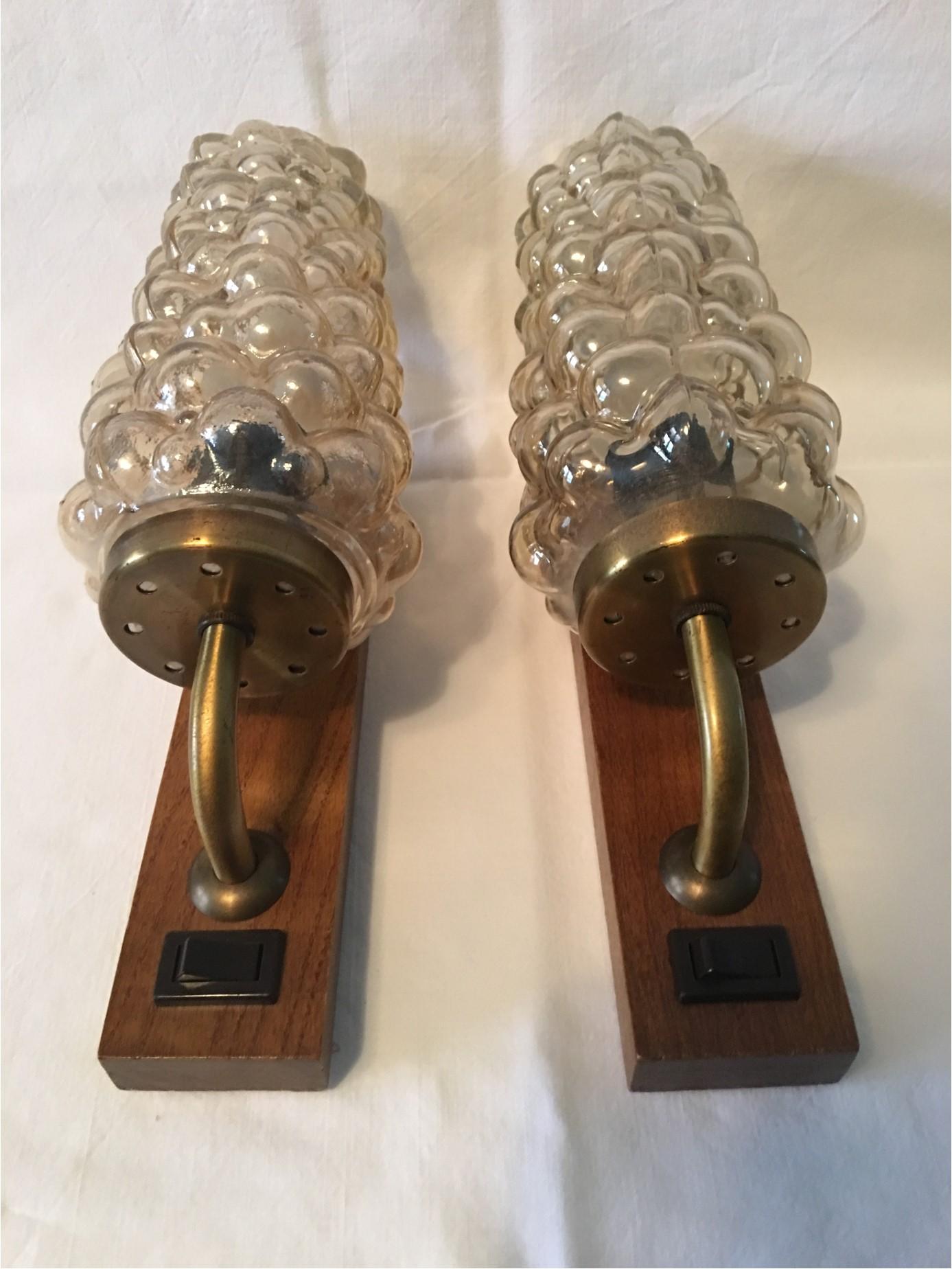 German Pair of 1960s Brass Wood Bubble Glass Sconces in the Helena Tynell Style For Sale