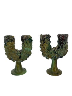 Pair of 1960s Brutalist Style Ceramic Candelabra from Caltagirone CCA