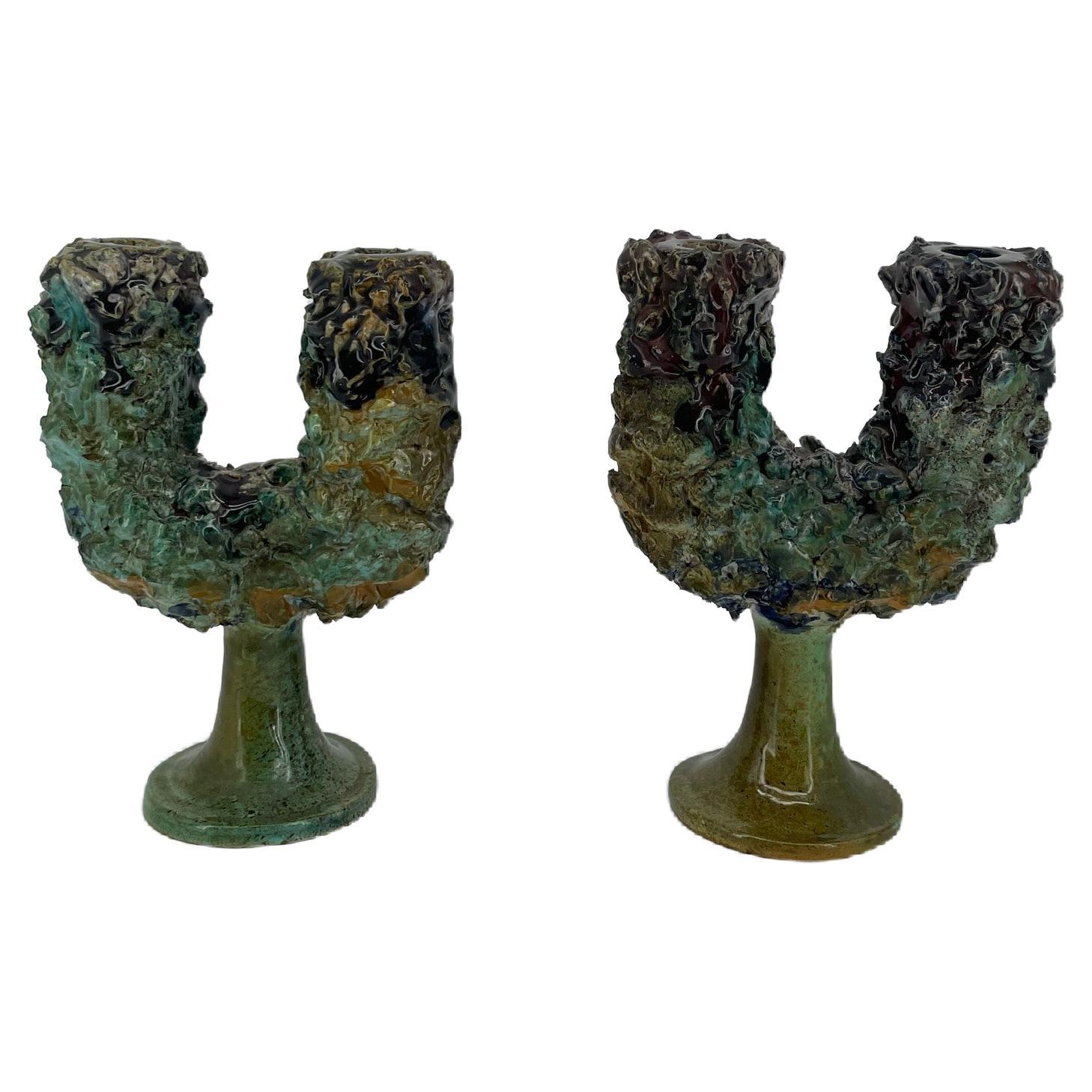 Pair of 1960s Brutalist Style Ceramic Candelabra from Caltagirone CCA