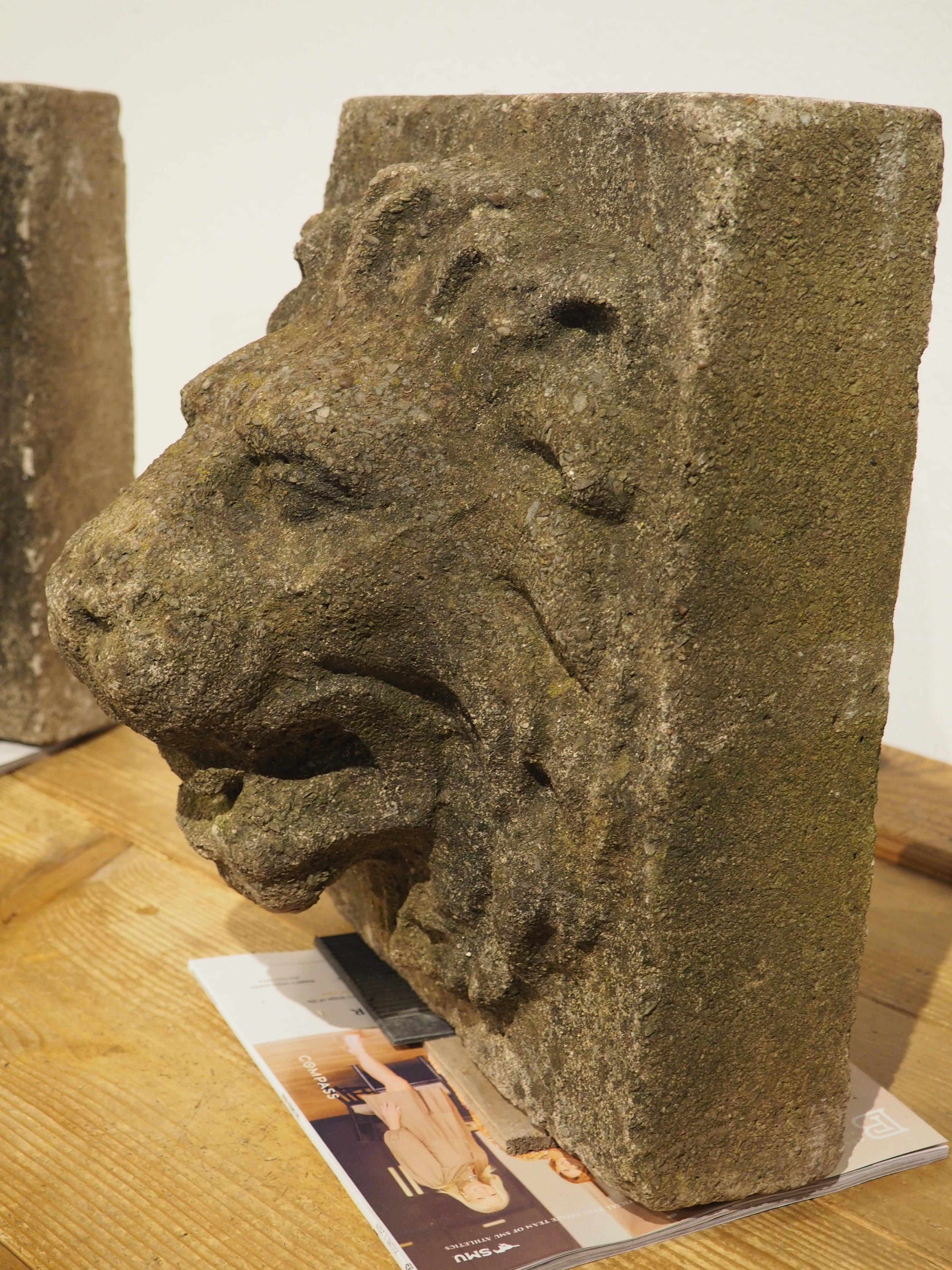 A Pair of 1960s English Cast Stone Lion Mascaron Fountain Spouts 6
