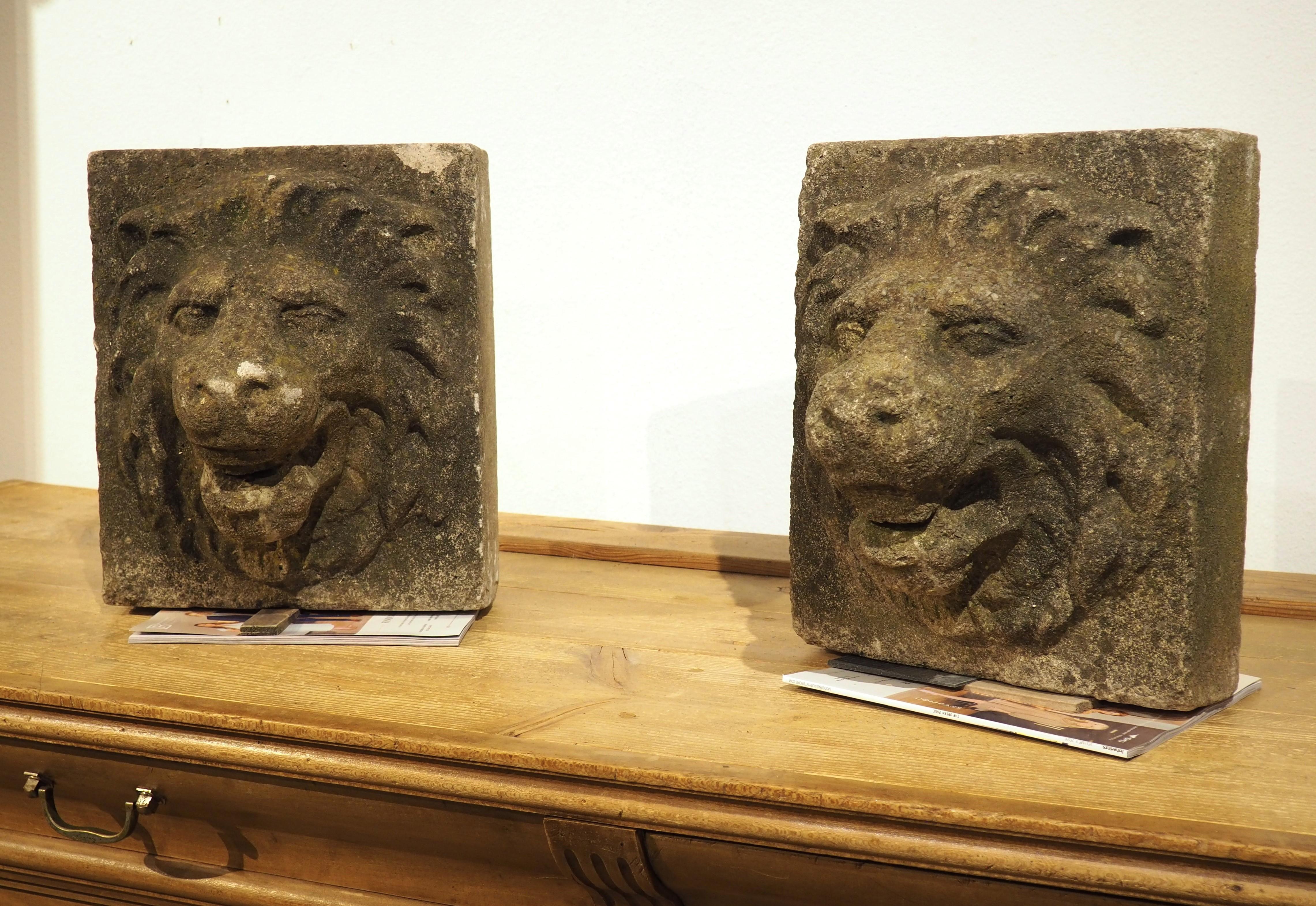 A Pair of 1960s English Cast Stone Lion Mascaron Fountain Spouts 8