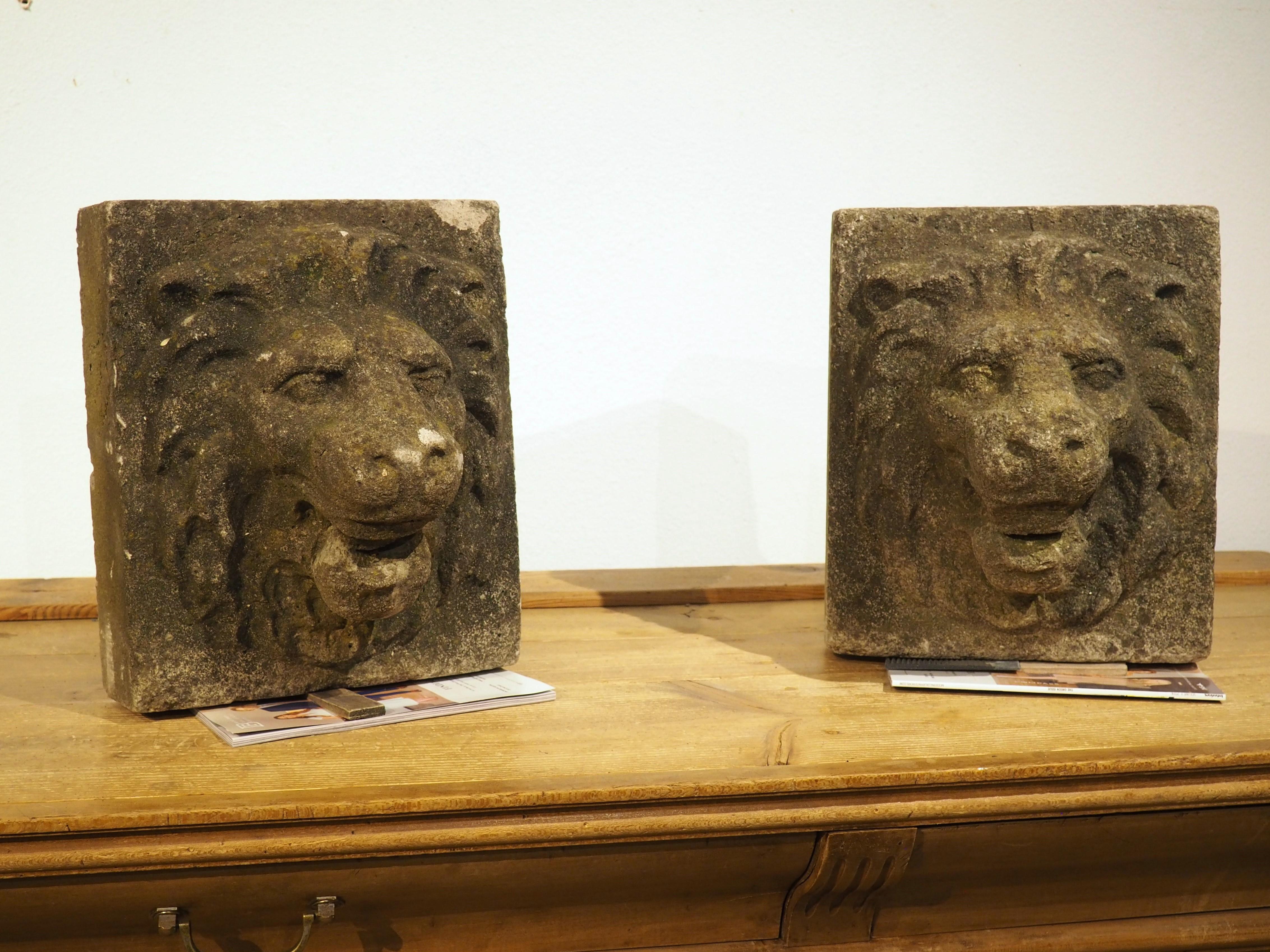 A Pair of 1960s English Cast Stone Lion Mascaron Fountain Spouts 1
