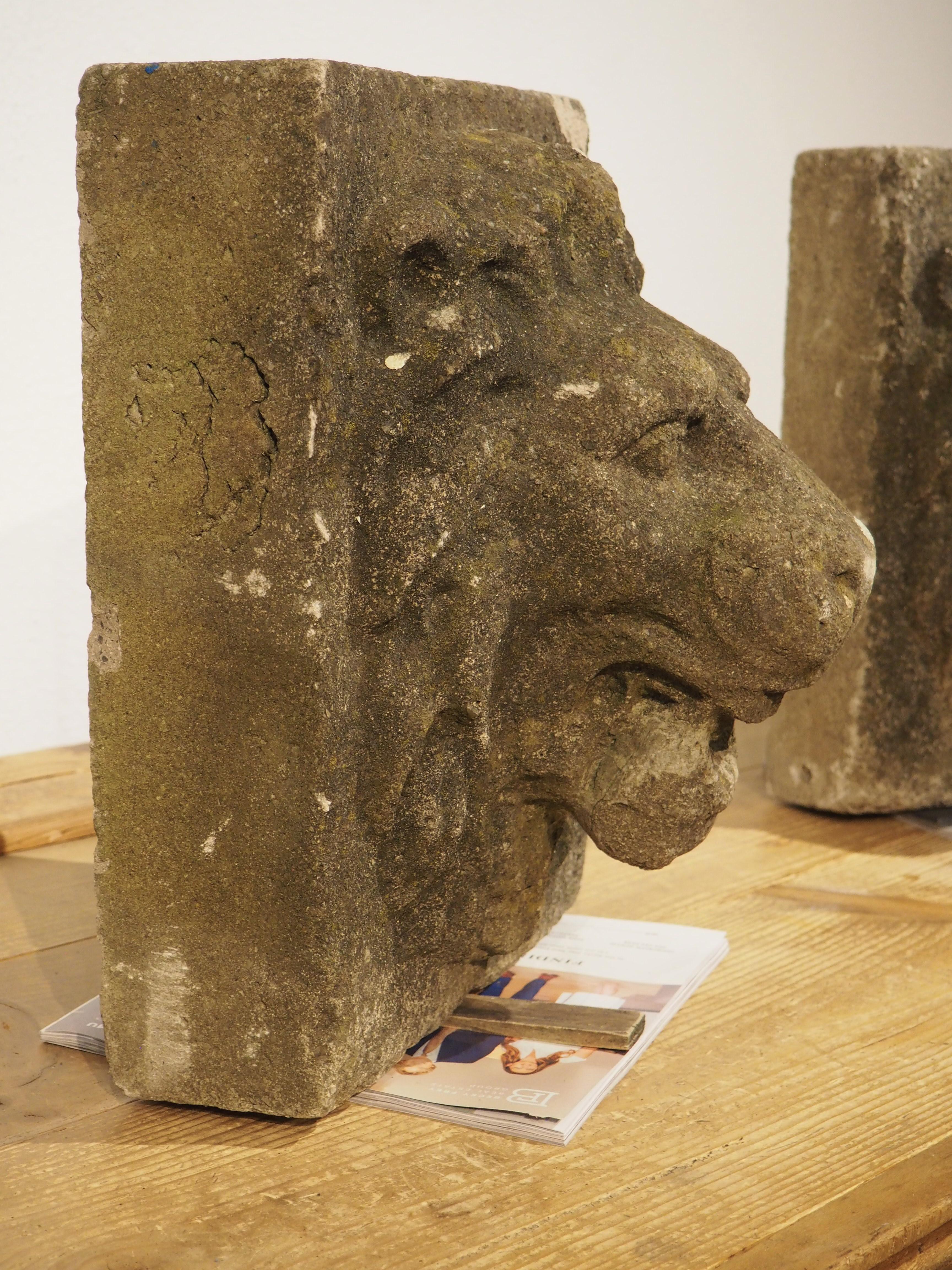 A Pair of 1960s English Cast Stone Lion Mascaron Fountain Spouts 4