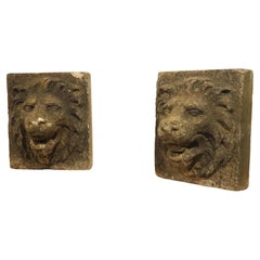 A Pair of 1960s English Cast Stone Lion Mascaron Fountain Spouts