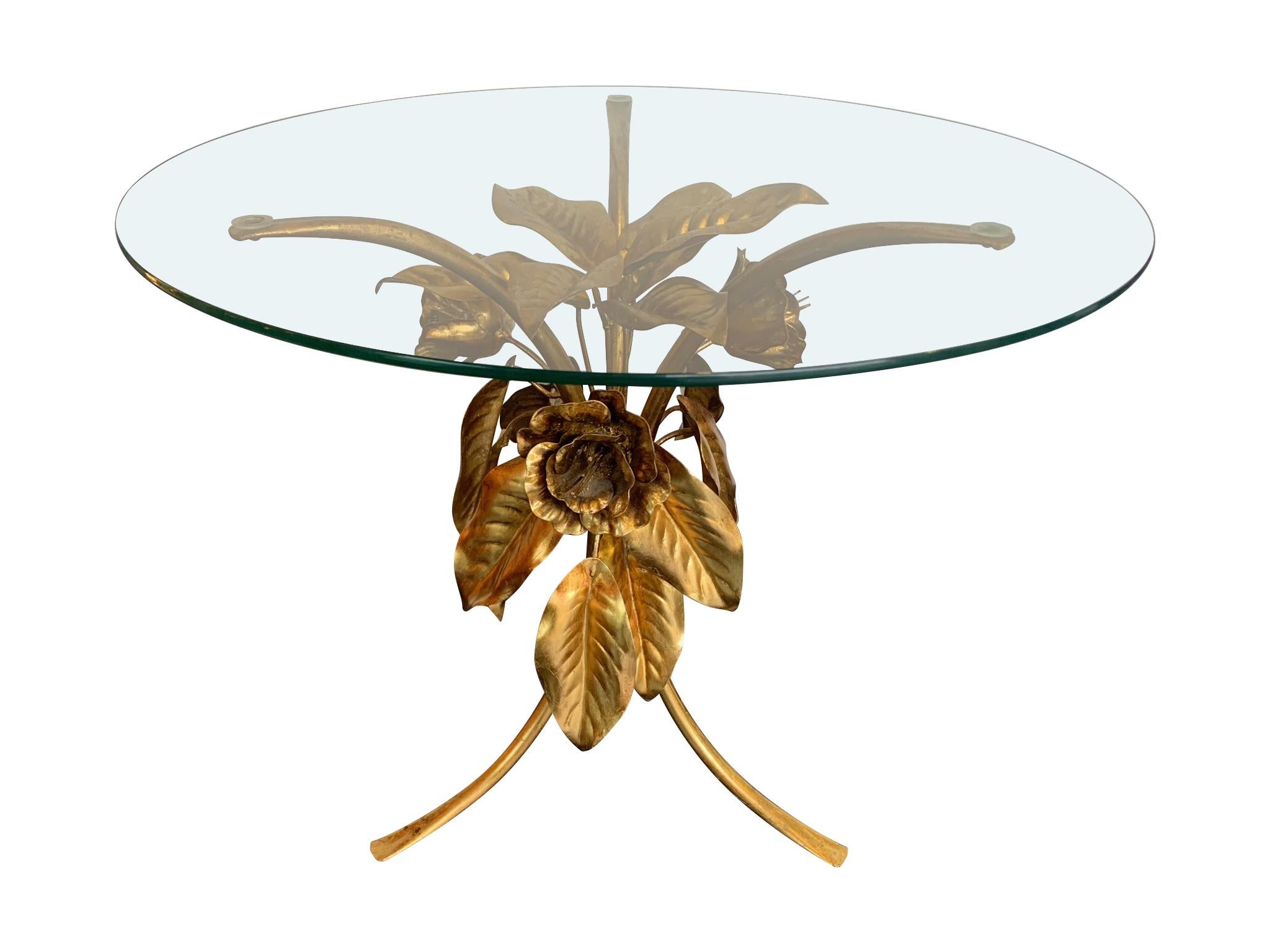 Pair of 1960s French Gilt Metal Side Tables with Flowers and Leaf Bases 5