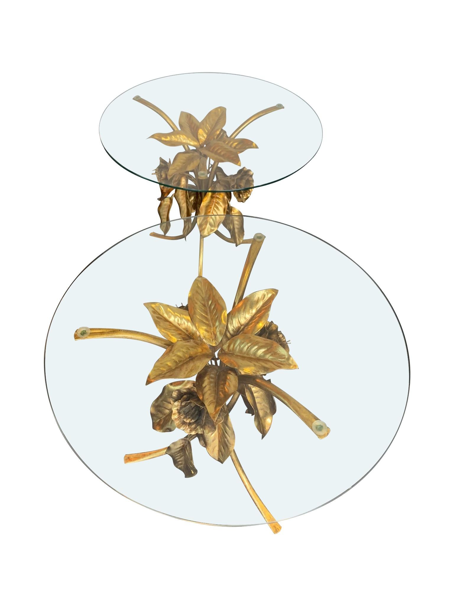 Pair of 1960s French Gilt Metal Side Tables with Flowers and Leaf Bases 6