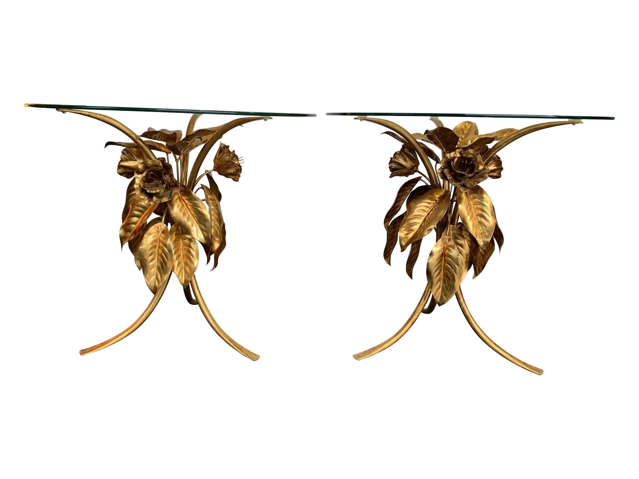 Mid-20th Century Pair of 1960s French Gilt Metal Side Tables with Flowers and Leaf Bases